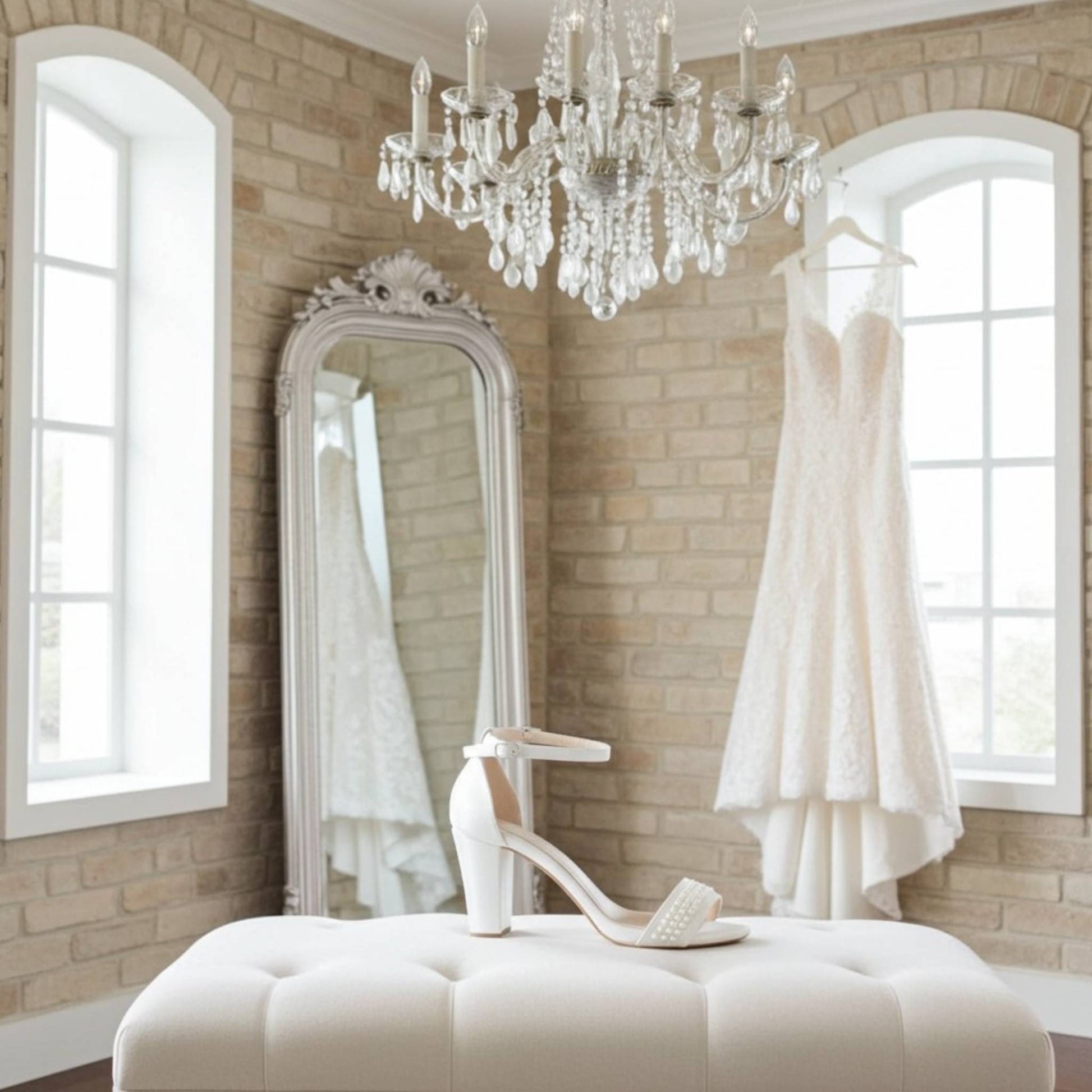 White wedding dress hanging on a rack in a room with a chandelier and large mirror. A single block heel bridal shoe is on a stool.