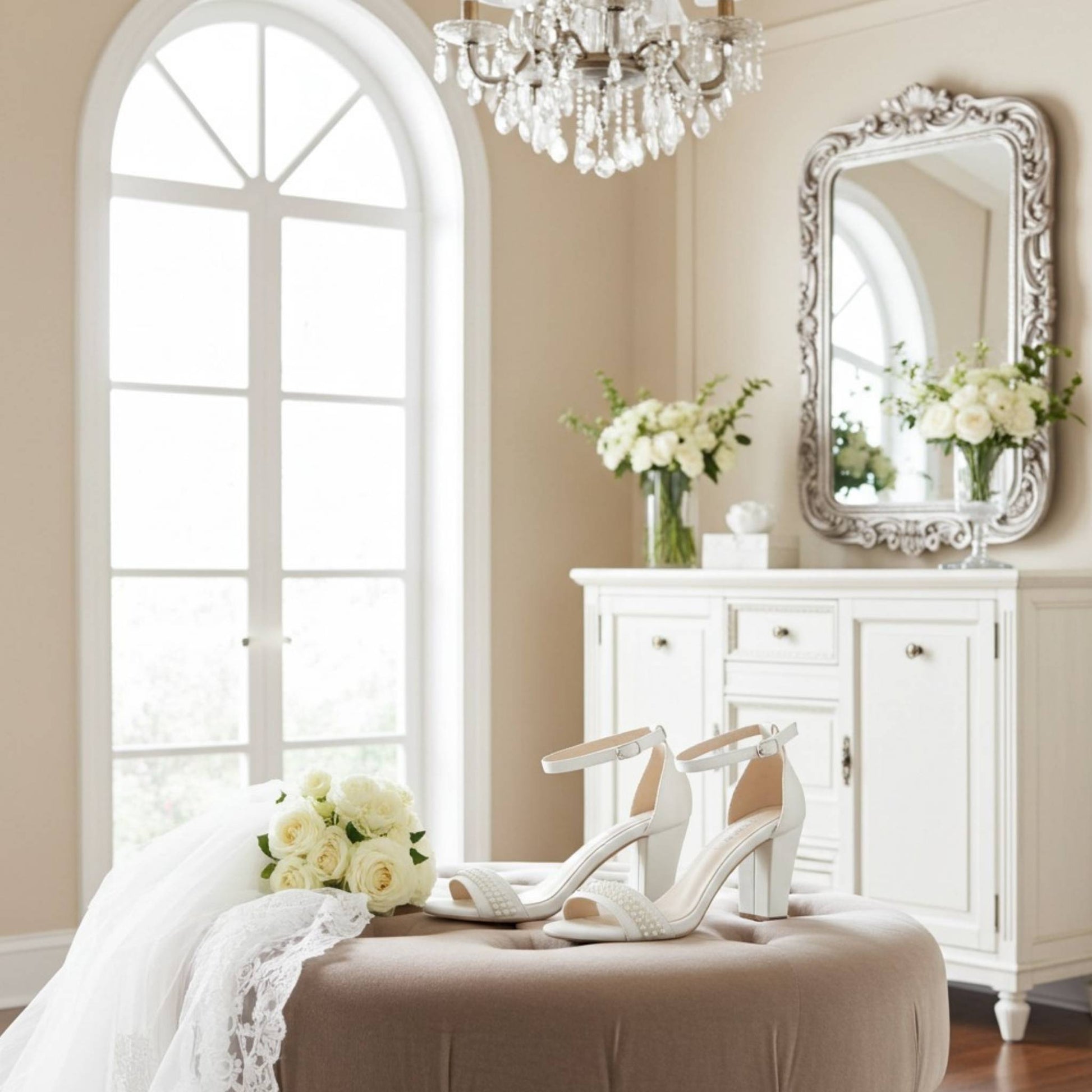 Elegant room with white furniture, floral arrangements, and a chandelier. Pair of bridal shoes finished with pearls are on a stool,