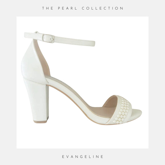 High block heel bridal shoes with open toe and stunning pearl design to the front.