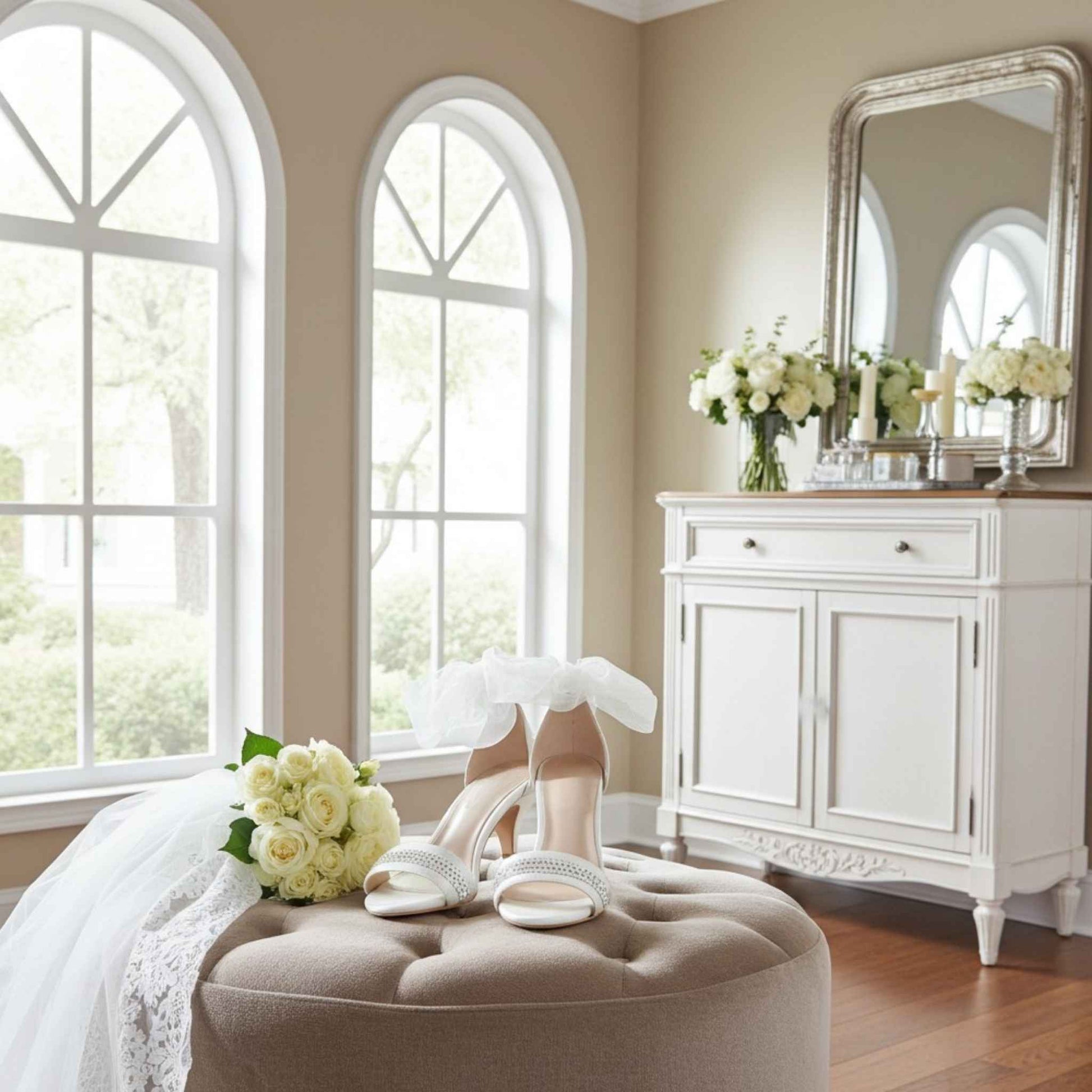 Bridal shoes with open toes on a beige pretty stool with dresser and floral arrangements.