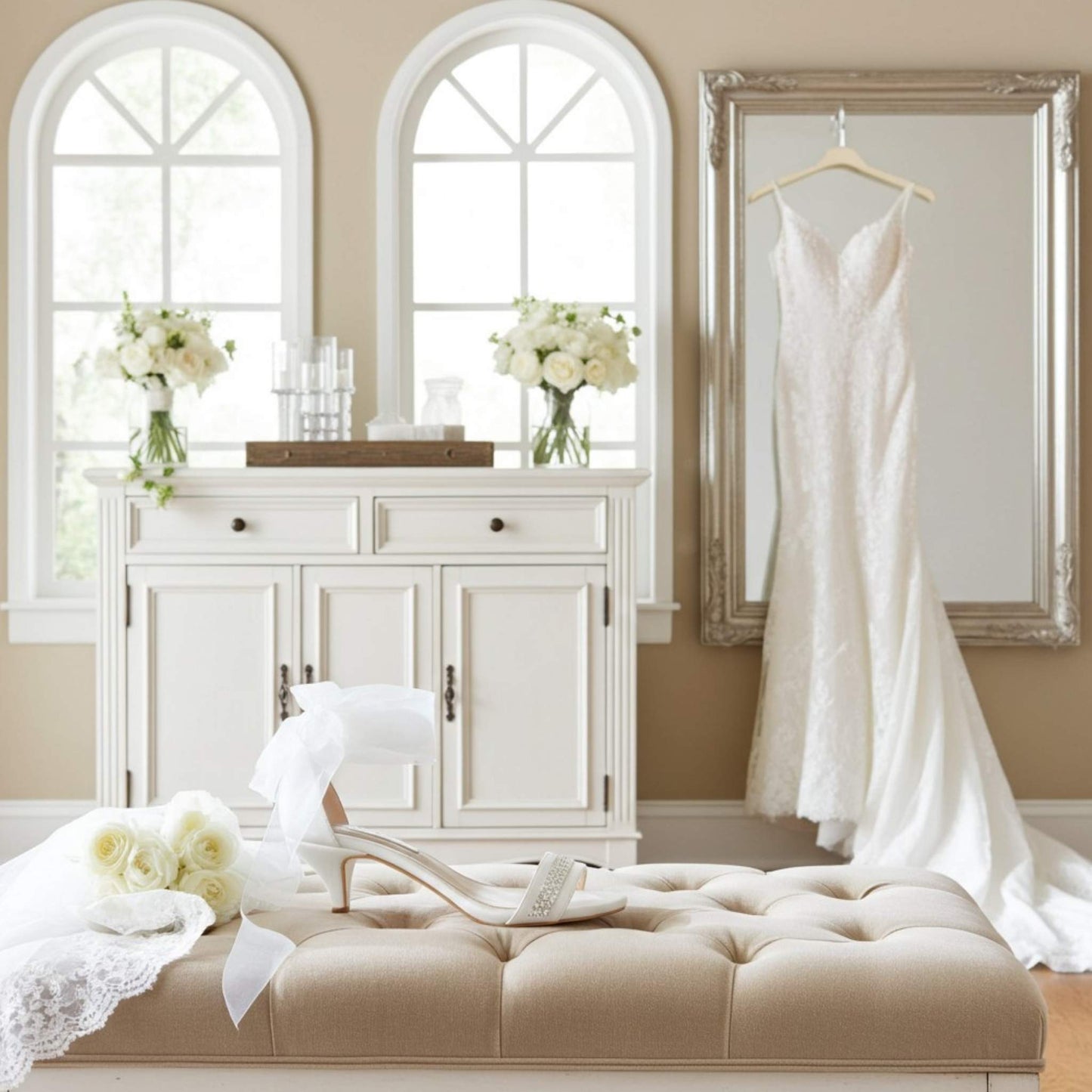 Wedding dress hanging on a mirror in a room with a white dresser and decorative items. Single bridal kitten heel shoe with crystals.