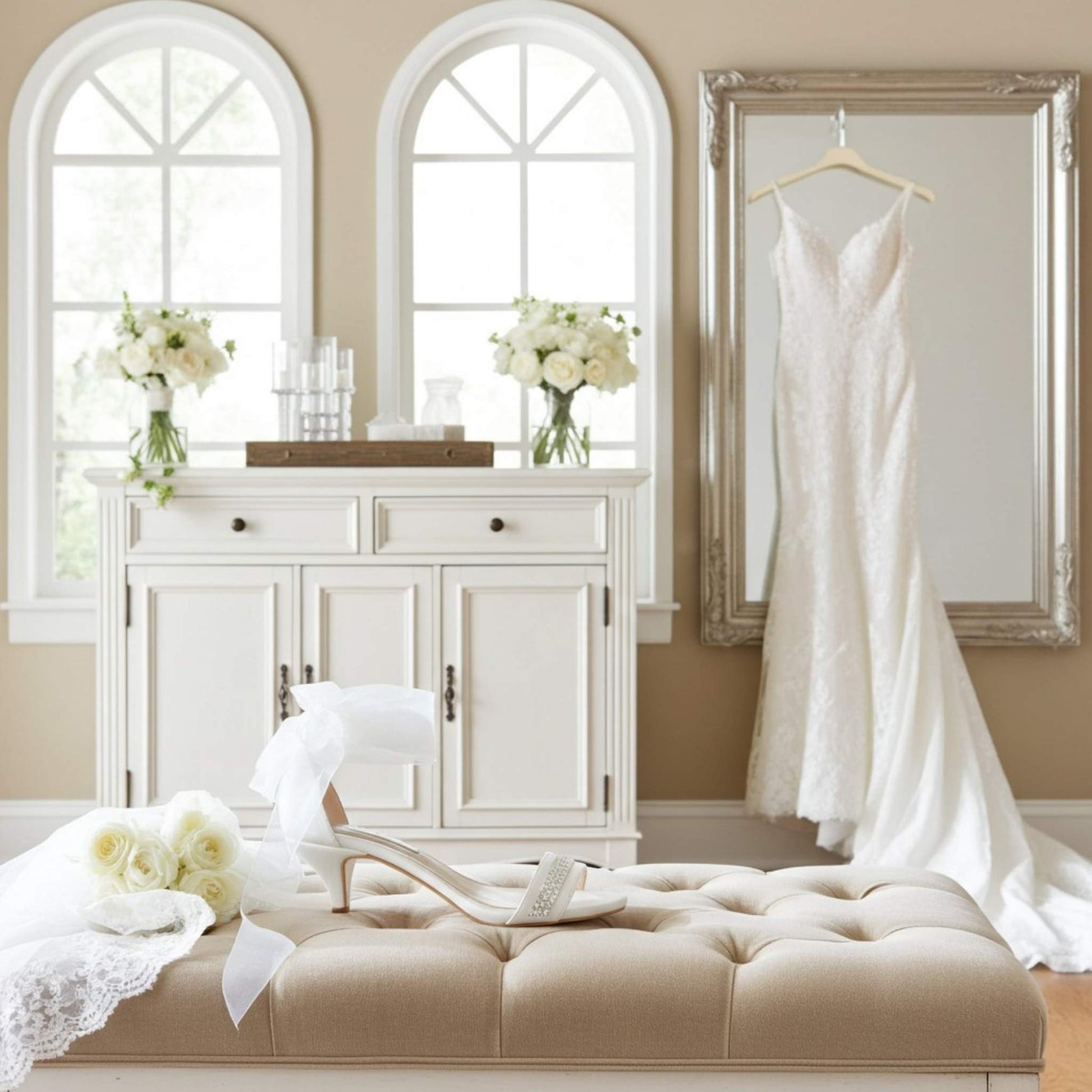 Wedding dress hanging on a mirror in a room with a white dresser and decorative items. Single bridal kitten heel shoe with crystals.