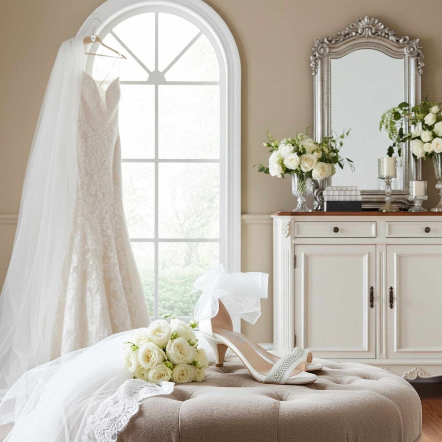 Wedding dress, wedding shoes, and flowers in a bedroom setting with a mirror and window.