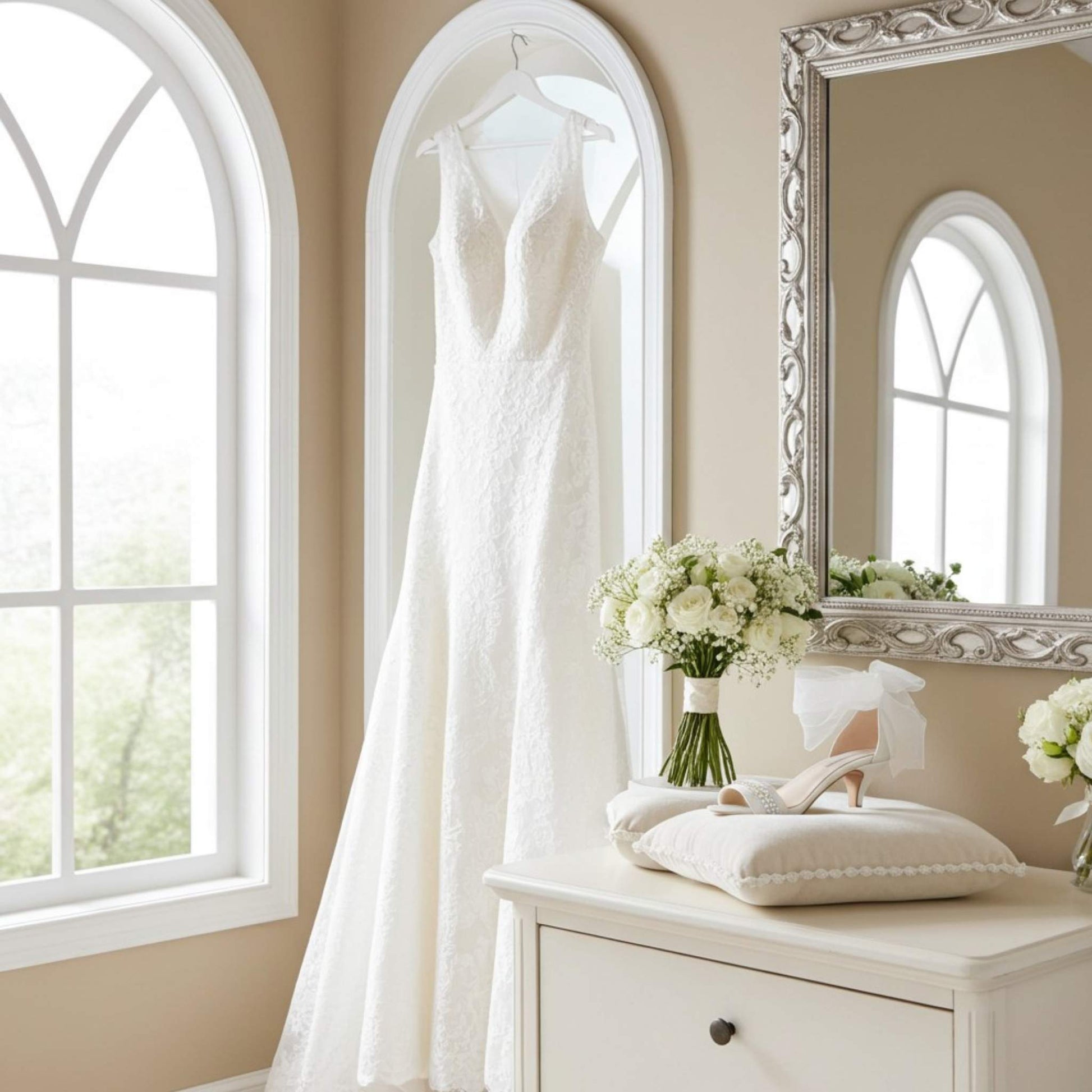 White wedding dress hanging on a mirror in a room with a window and decorative elements and single bridal shoe on a beige cushion with organza strap.