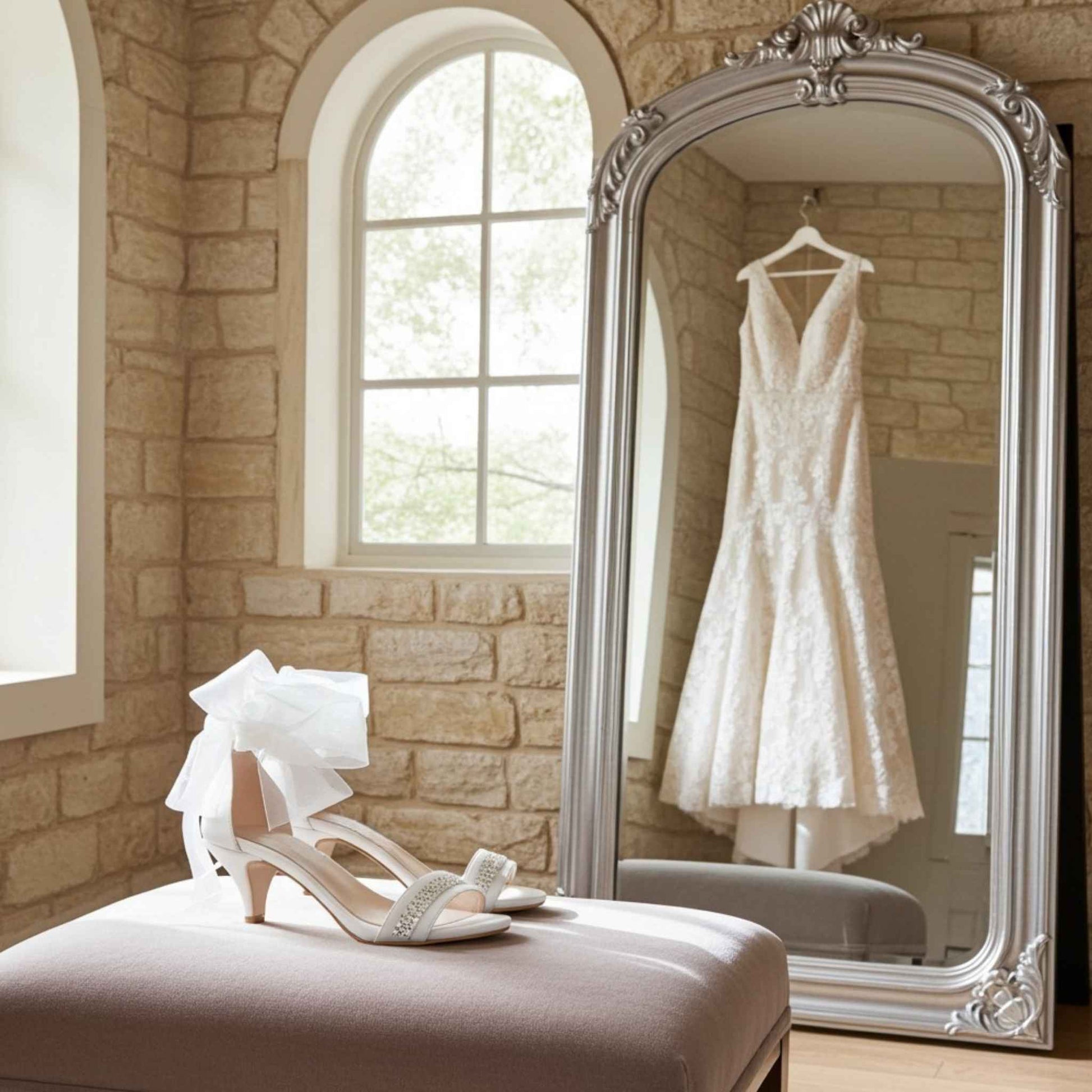 Ivory wedding dress hanging in a room with stone walls and a large mirror and kitten heel organza wedding shoes with crystals are on a stool.