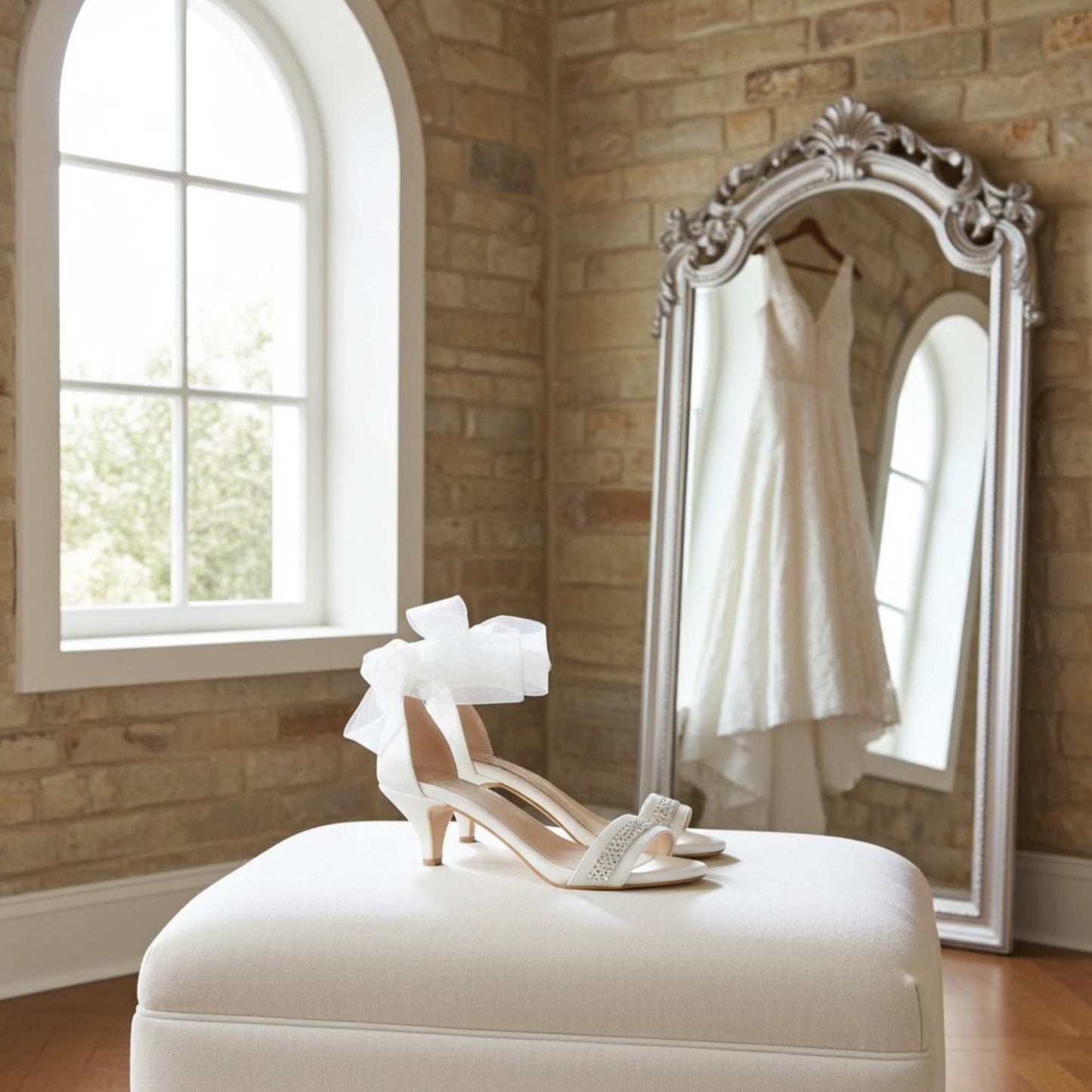 Ivory wedding dress hanging in a mirror with ivory open toe bridal heels on a stool in a room with brick walls.