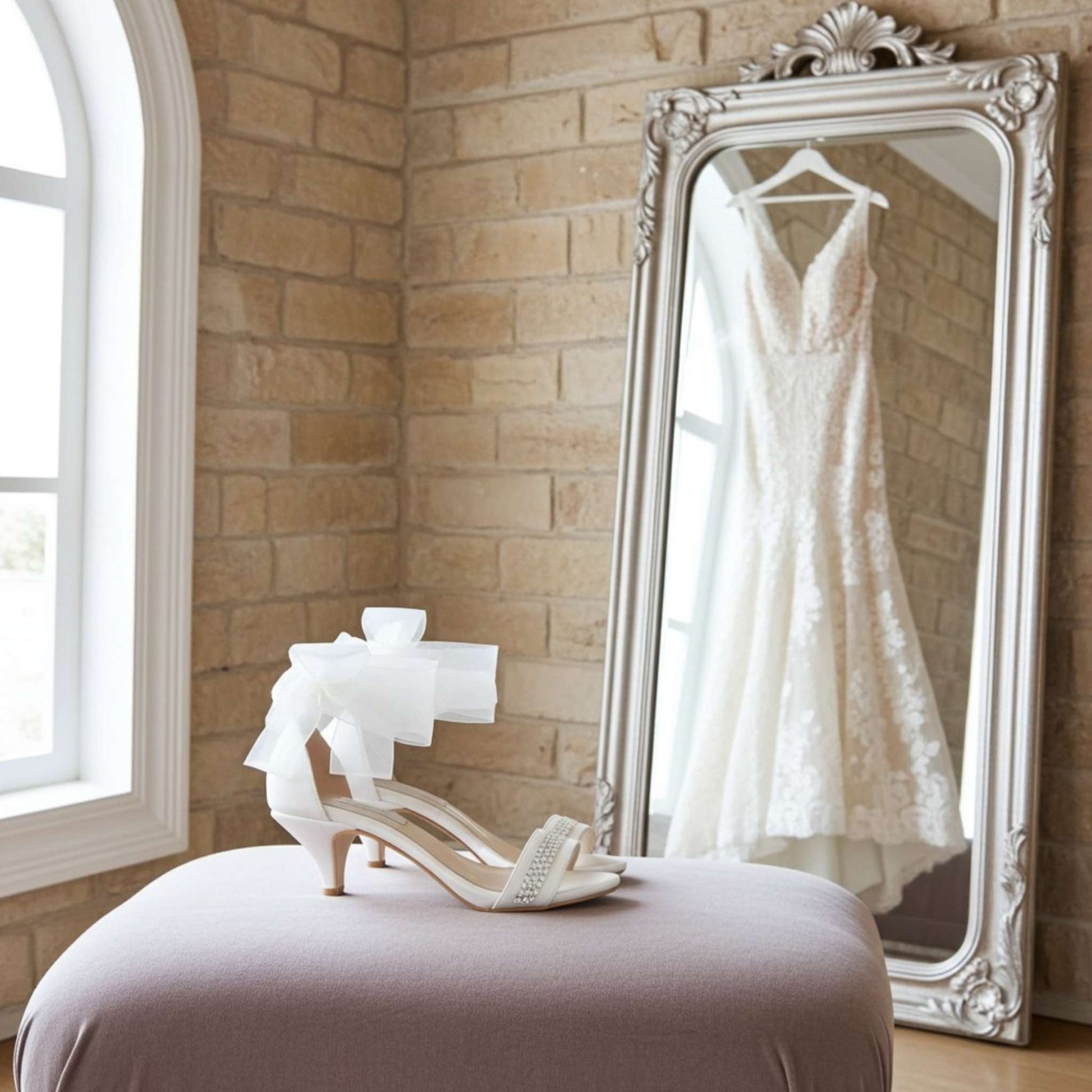 Ivory lace wedding dress hanging in a mirror with ivory kitten heels on a stool in a room with stone walls.