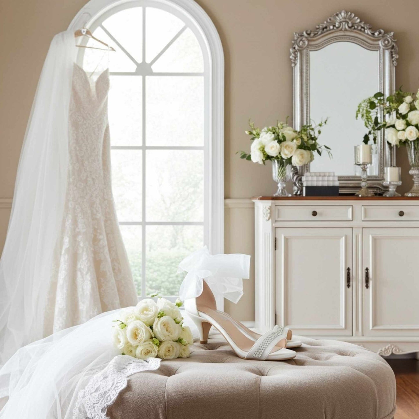 Wedding dress, bridal shoes, and bouquet in a bridal room with a mirror and window.
