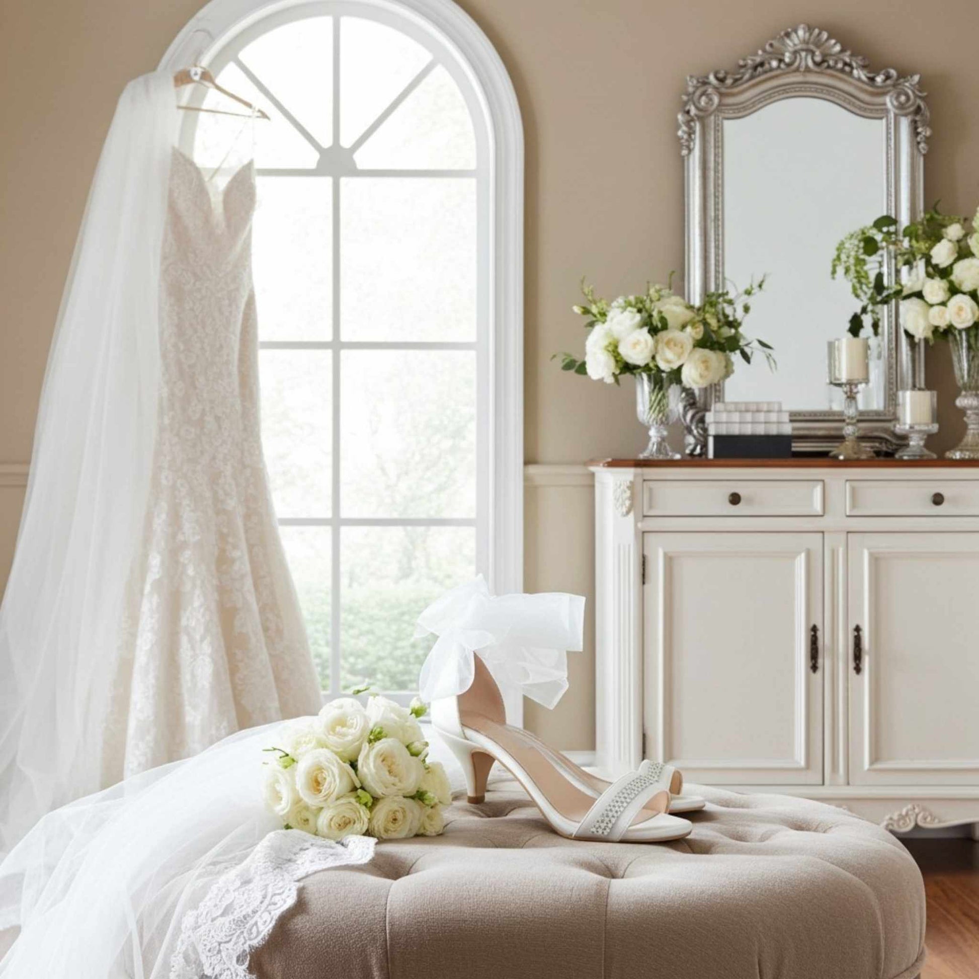 Wedding dress, bridal shoes, and bouquet in a bridal room with a mirror and window.