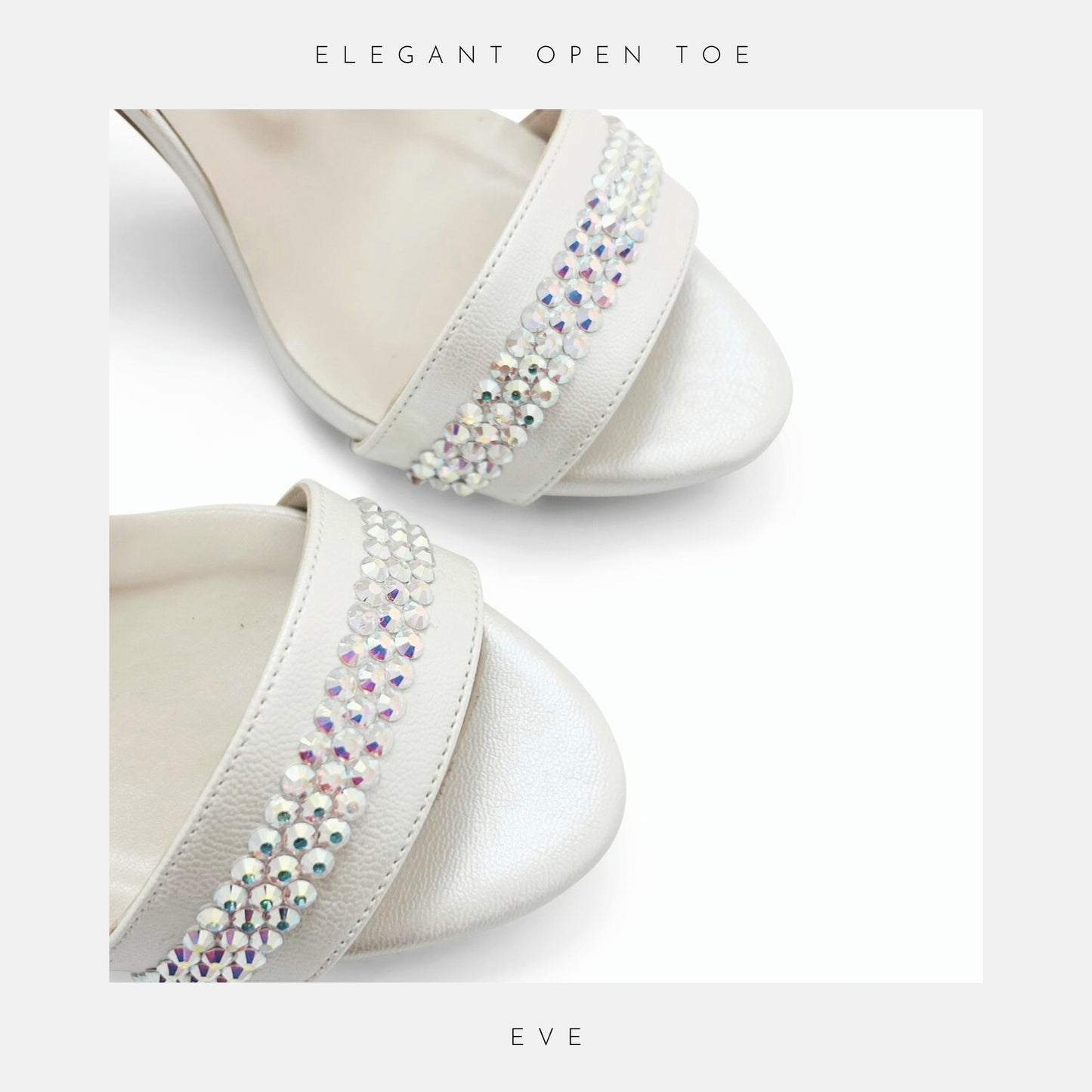 Rhinestone-embellished ivory bridal shoes showing close up detailing of the open toe.