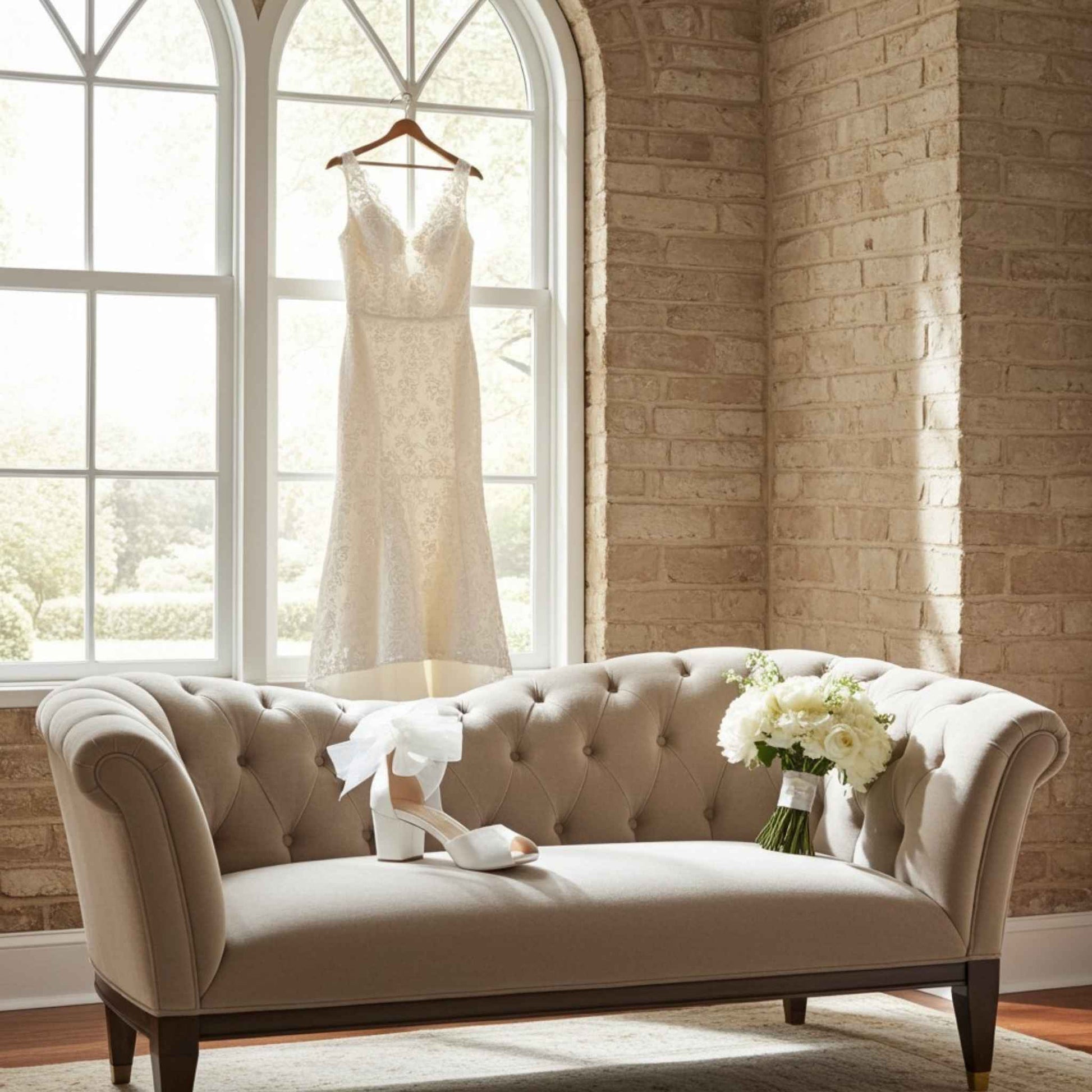 Beige tufted sofa with a wedding dress, single peep toe shoes, and bouquet in a room with large windows and brick wall.