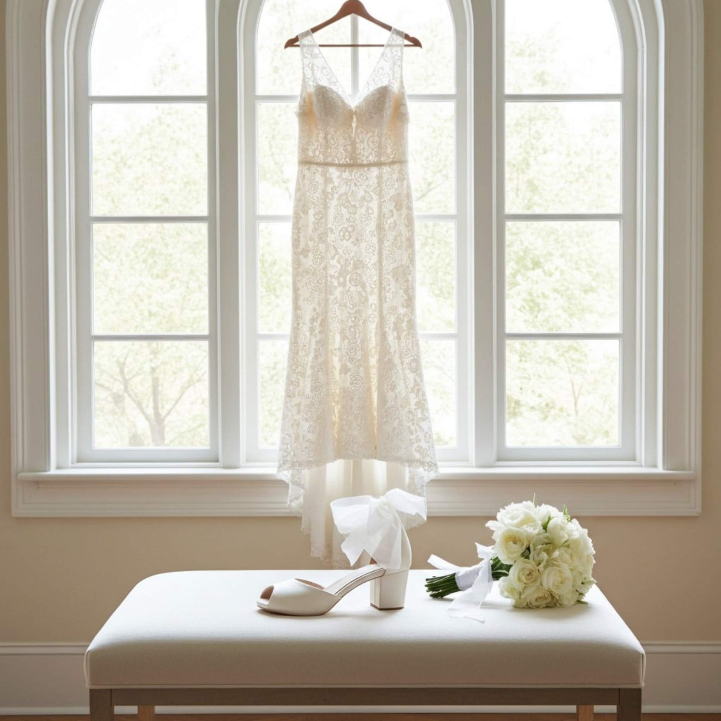 Wedding dress hanging in front of a window with bridal shoes and flowers on a bench.