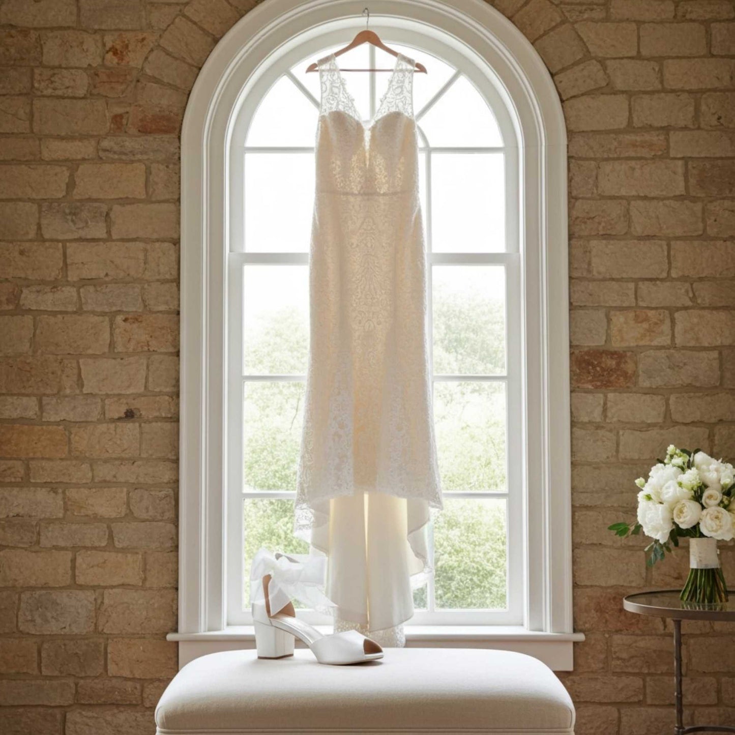 Ivory wedding dress hanging in front of a large window with a stone wall background. Bridal shoe in front of dress with peep toe.