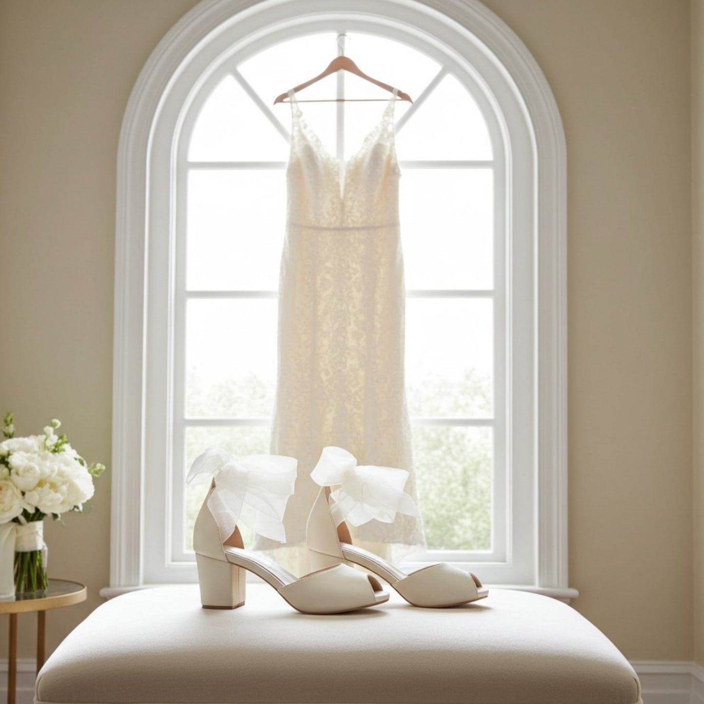 Ivory wedding dress hanging in a window with peep toe low heel bridal shoes and flowers on a table.