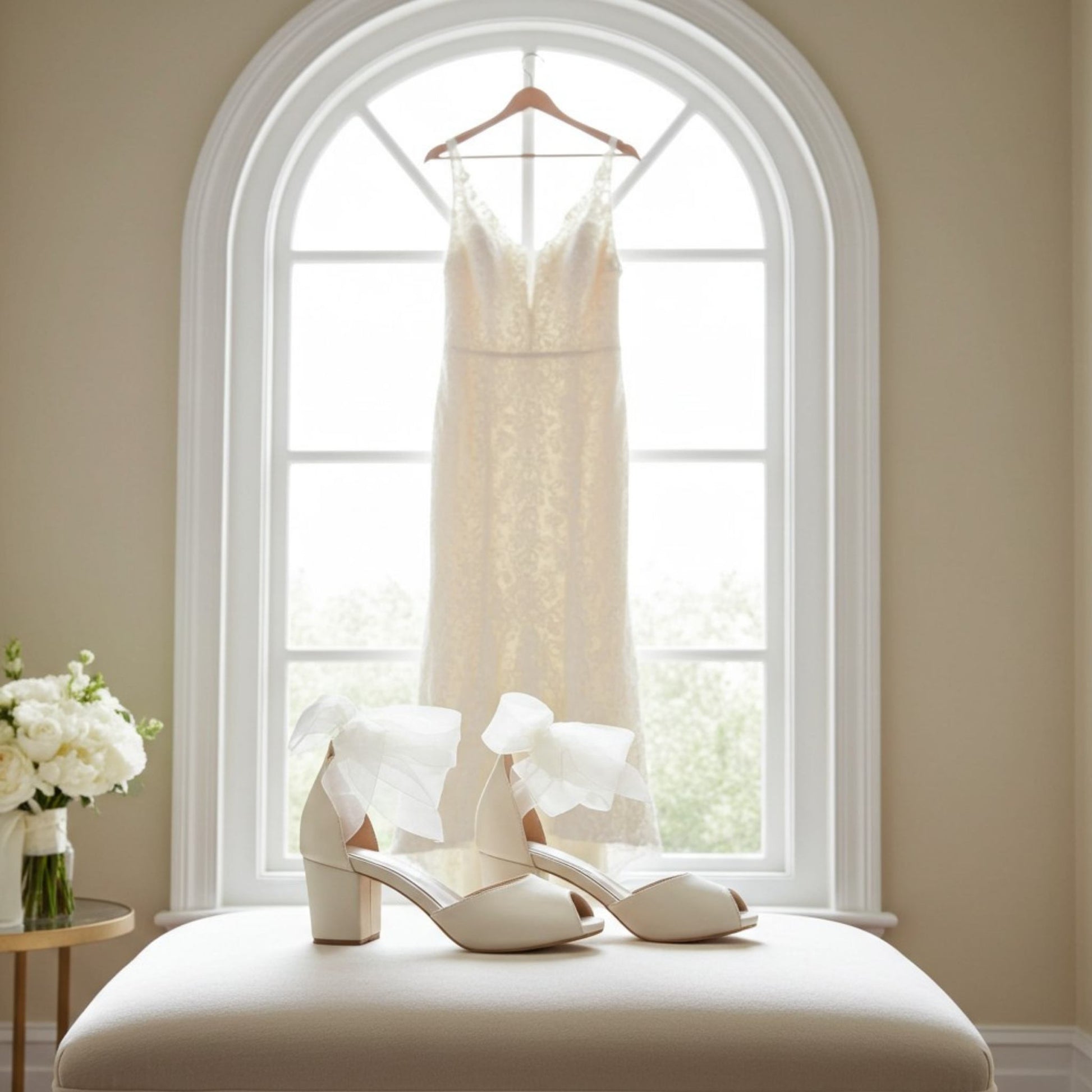 Ivory wedding dress hanging in a window with peep toe low heel bridal shoes and flowers on a table.
