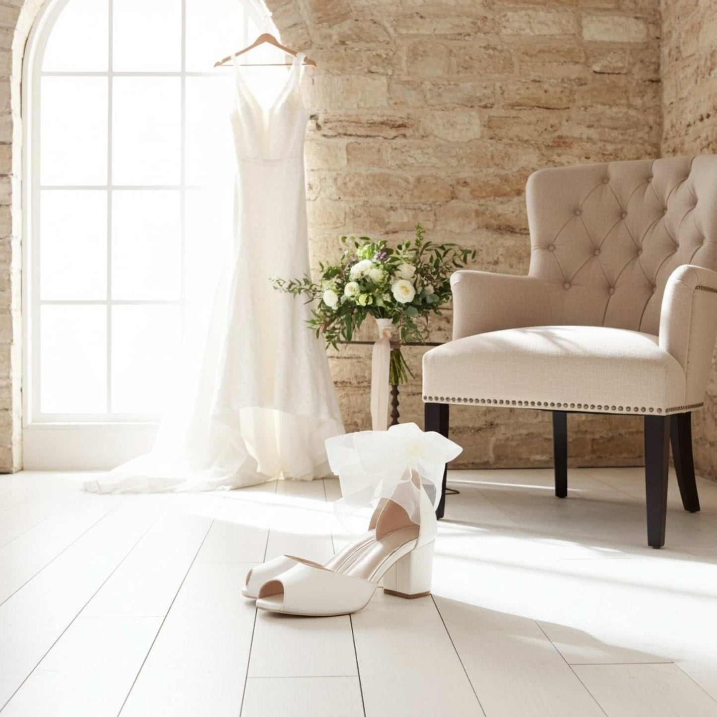 Ivory block-heeled shoes on a wooden floor with a chair and flowers in the background.