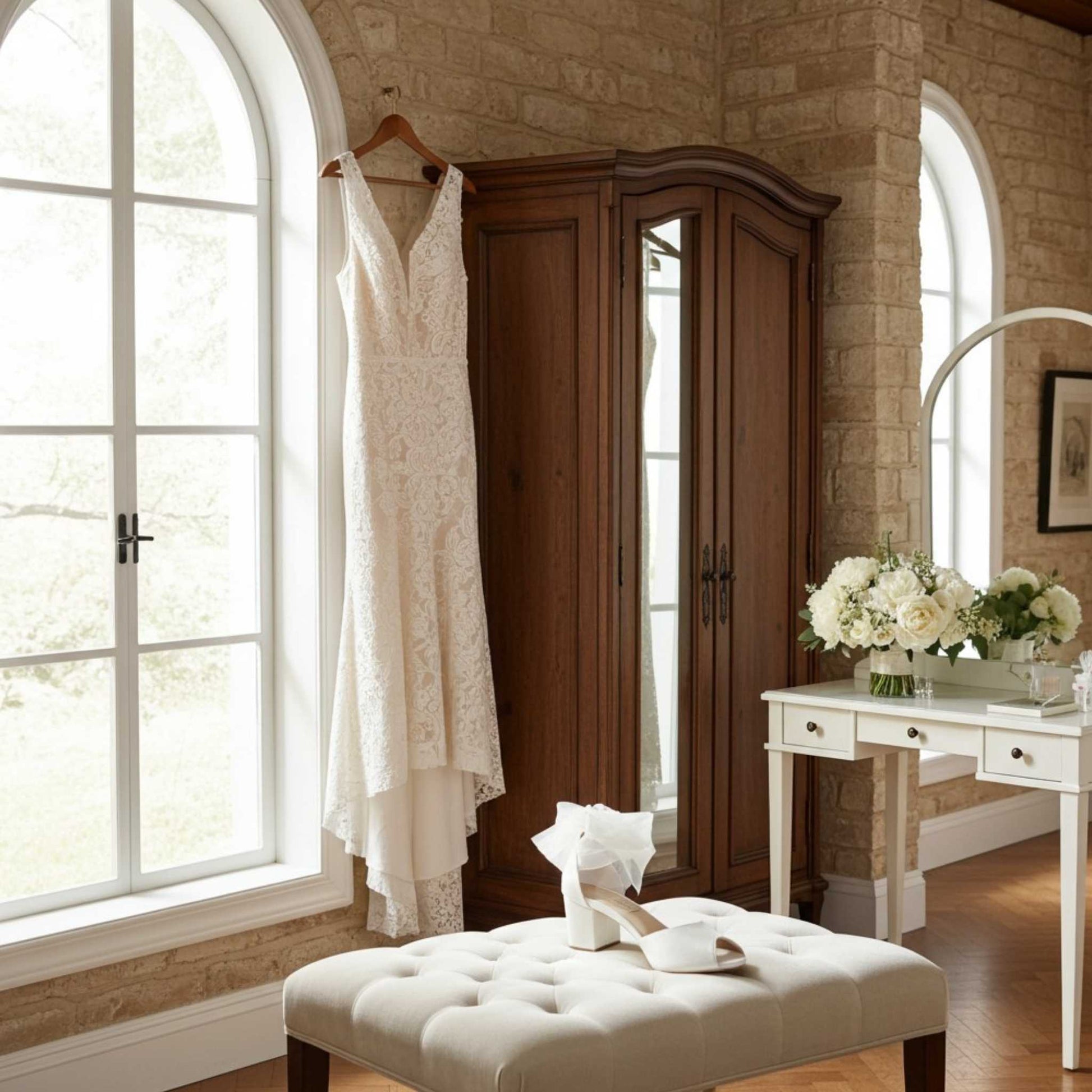 Wedding dress hanging nest to a wardrobe in a room with large windows and a white ottoman. Single peep toe bridal shoe is on a beige stool.
