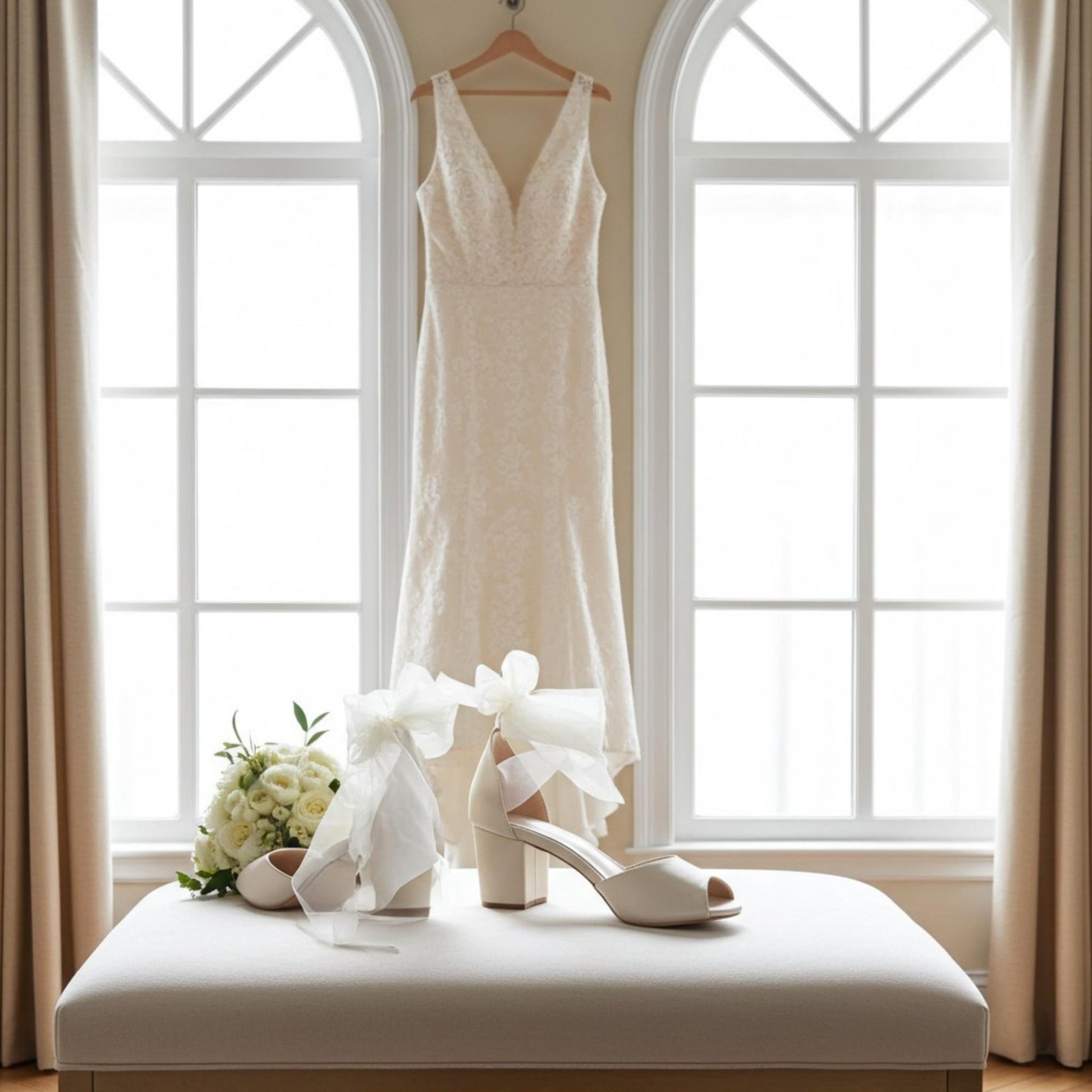 Lace wedding dress hanging in a bright room with a bouquet and peep toe block heel shoes on a bench.