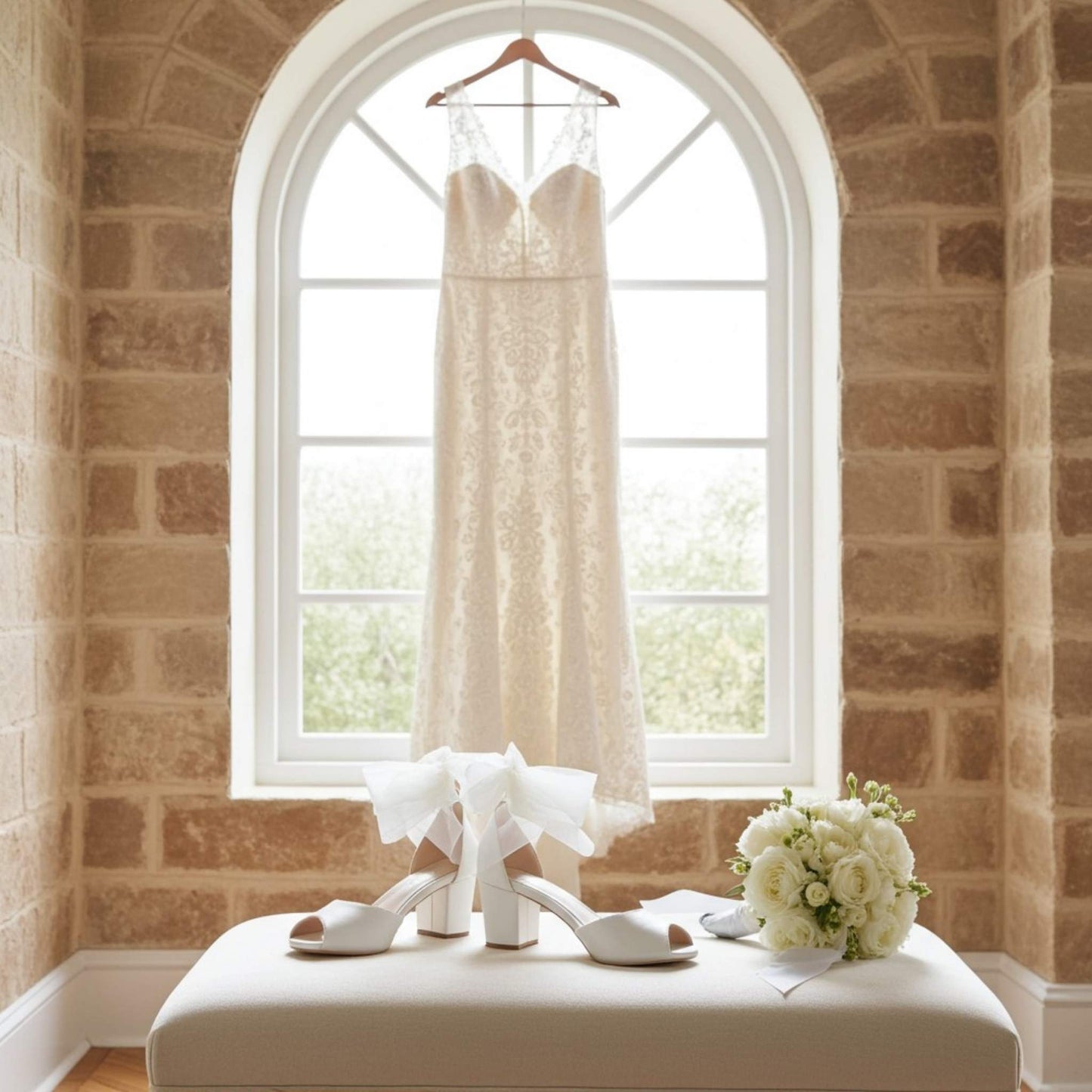 Wedding dress hanging in a room with a window, ivory peep toe shoes, and flowers on a bench.