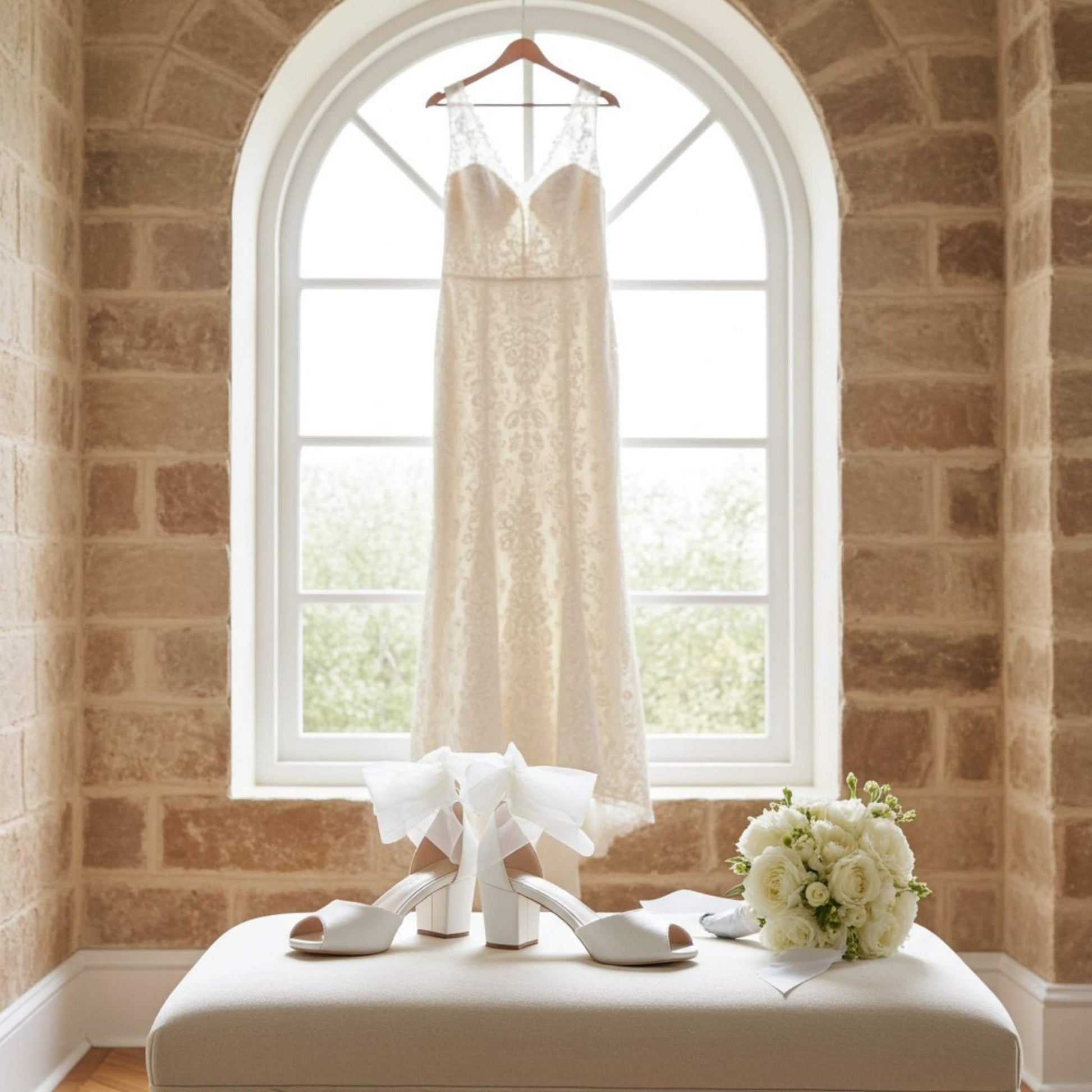 Wedding dress hanging in a room with a window, ivory peep toe shoes, and flowers on a bench.