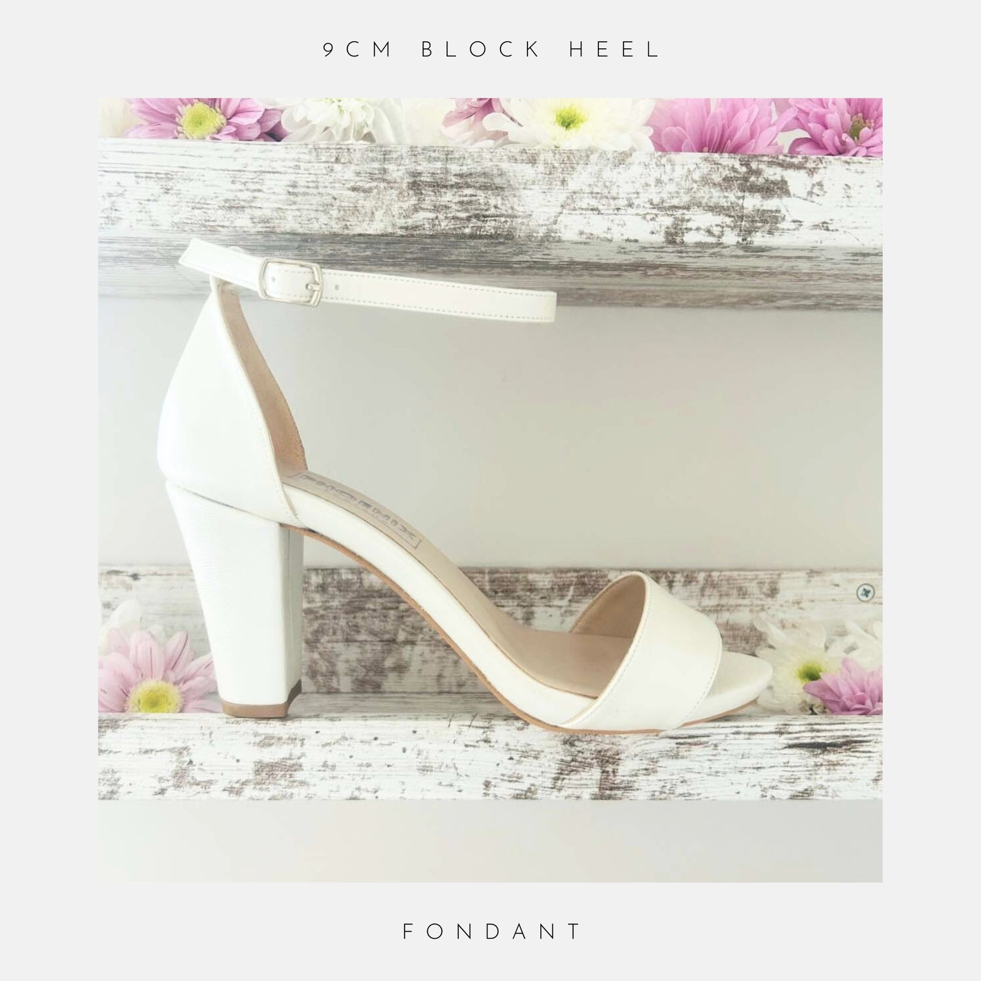 Ivory tall block high-heeled shoe on a wooden surface with flowers in the background, labelled 'The Plain Collection' and 'Fondant'.