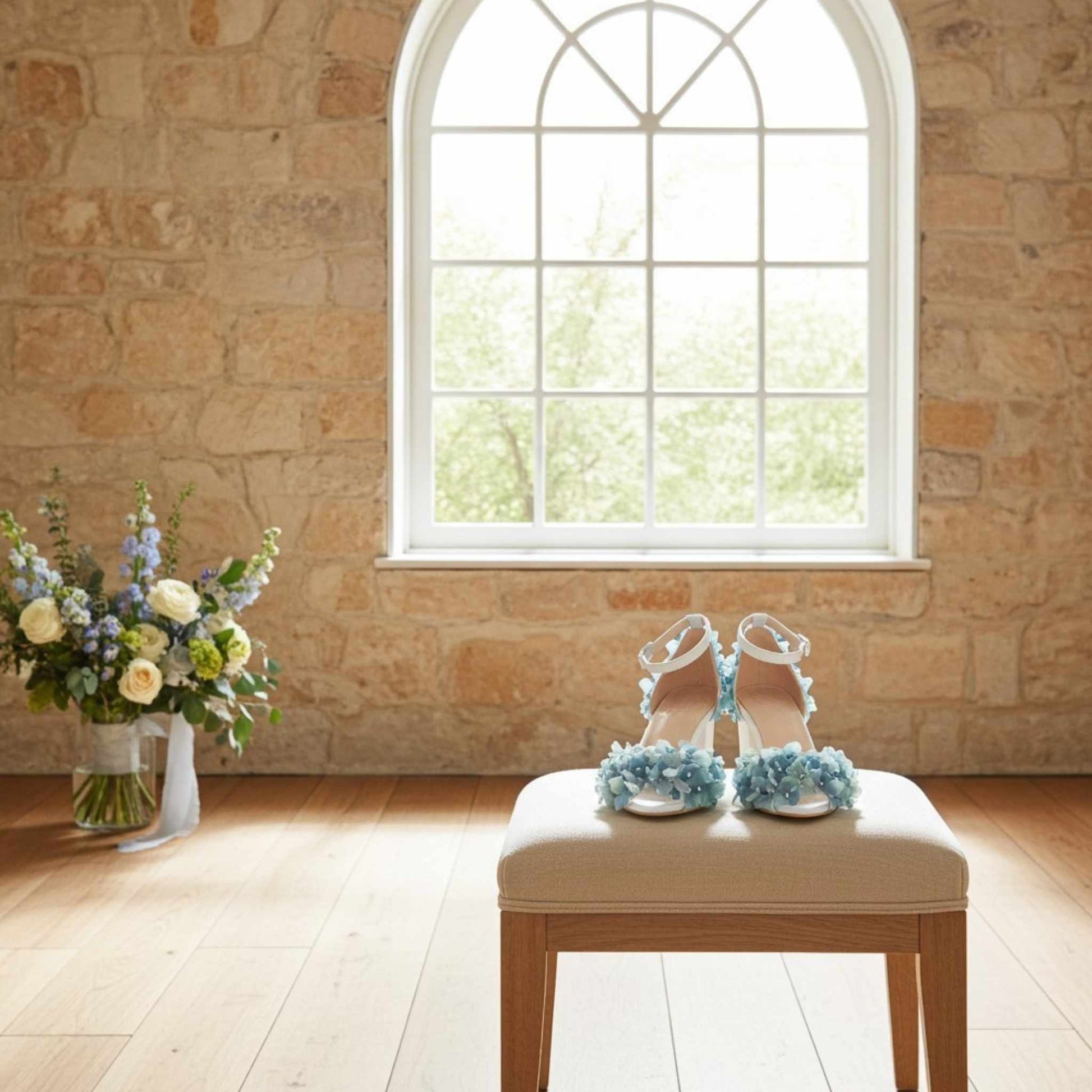 Pair of bridal sandals with floral decorations on a stool in a room with a stone wall and window.