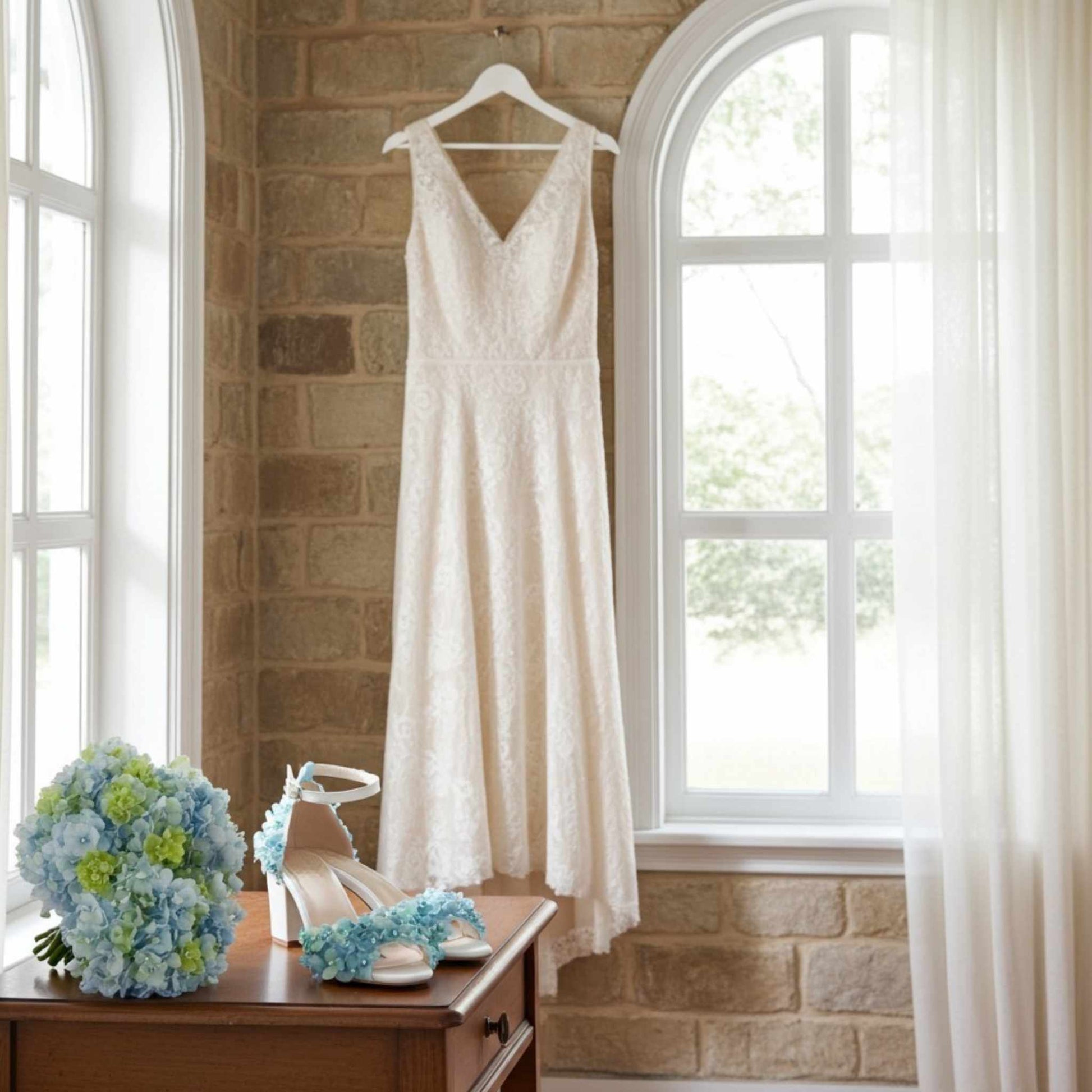 Lace wedding dress hanging on a brick wall with a bouquet and flower bridal shoes on a table.