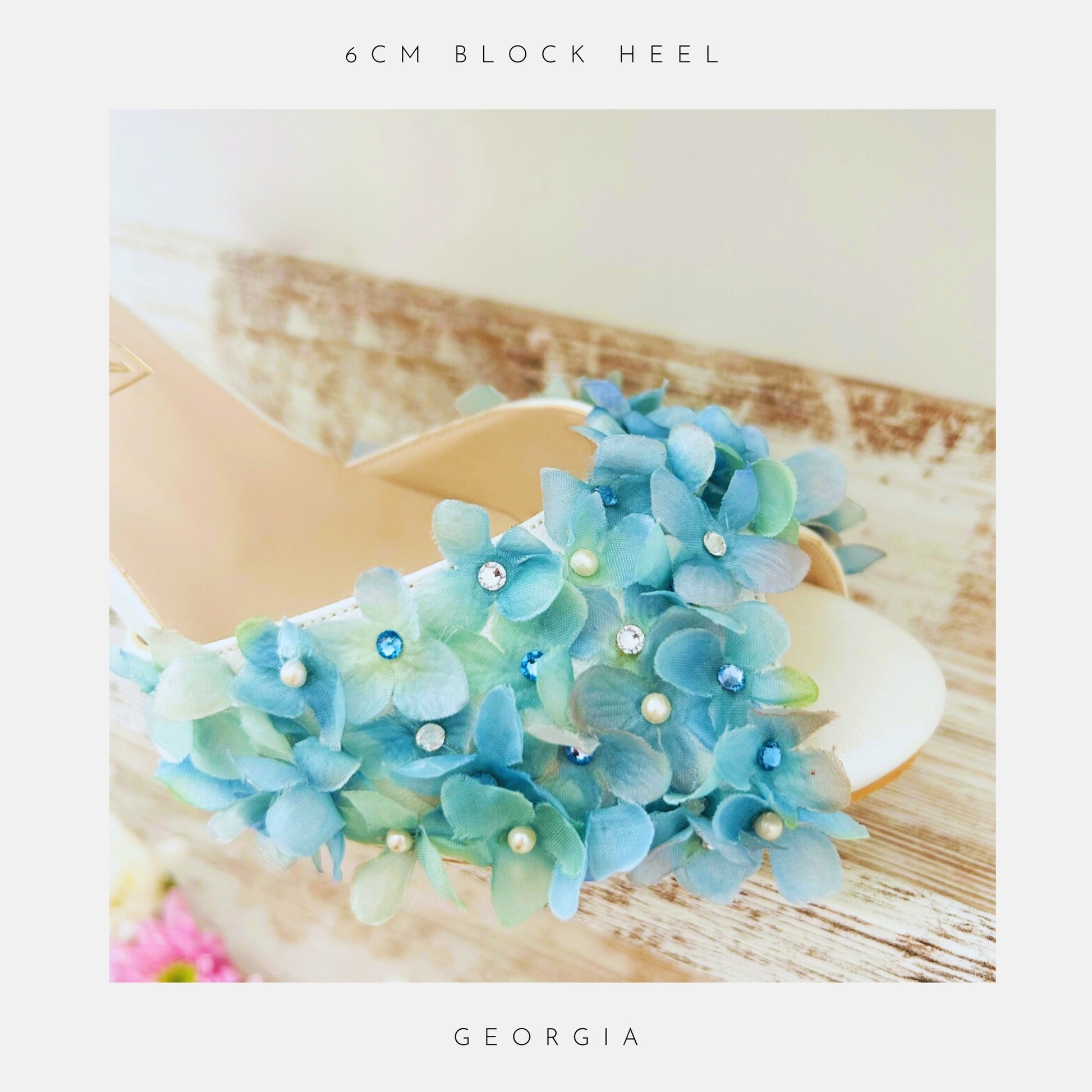 Blue floral peep toe bridal shoe with pearls on a white background, labelled '6cm block heel' and 'Georgia'.