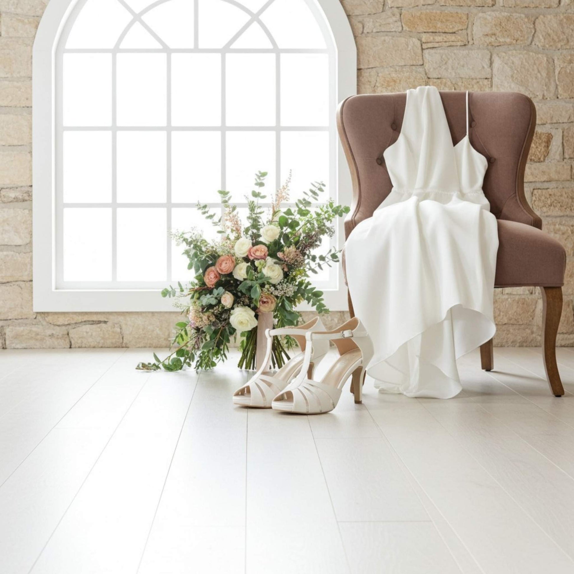 Peep toe bridal shoes with a floral display and a bridal gown on a chair.