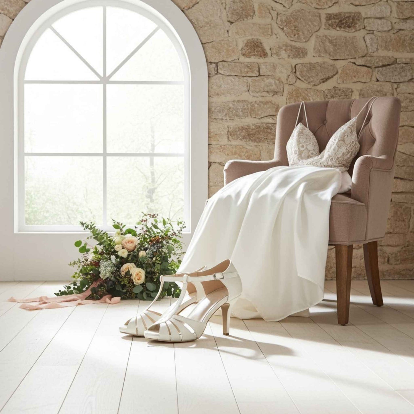 Ivory wedding dress on a chair next to Ivory high-heeled shoes and flowers in a bright room with stone wall.