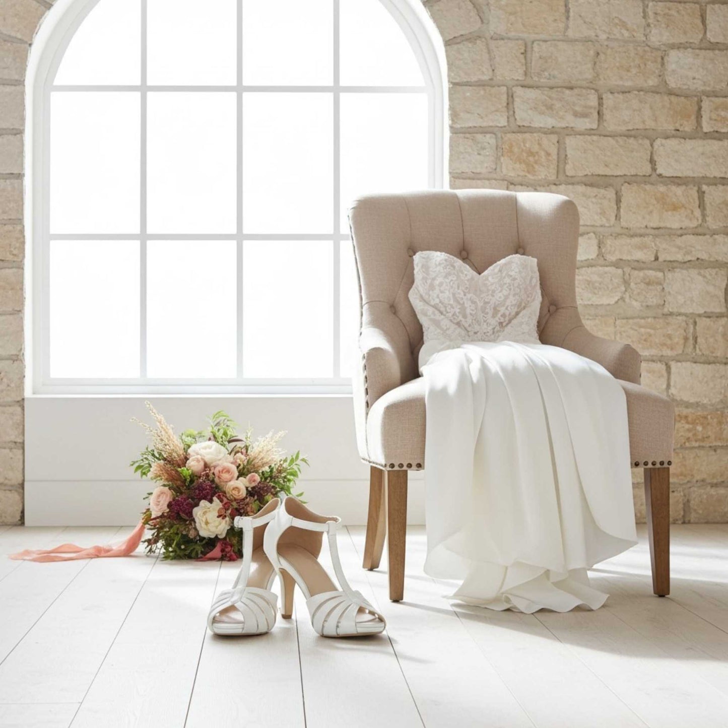 Beige armchair with white blanket and pillow, ivory vintage inspired bridal shoes, and floral bouquet on a light wooden floor.