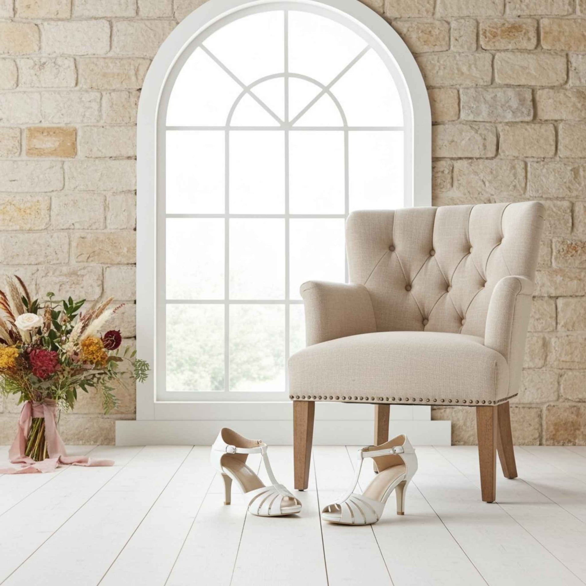 Beige armchair in a room with a stone wall and large window, accompanied by high-heeled bridal shoes and a floral arrangement.