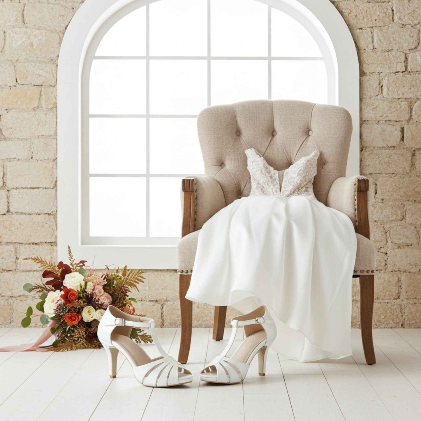 Ivory wedding dress and vintage wedding shoes on a chair with flowers in the background