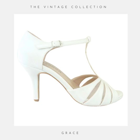 Vintage inspired bridal shoe with supportive closed back and t bar strap to the front.