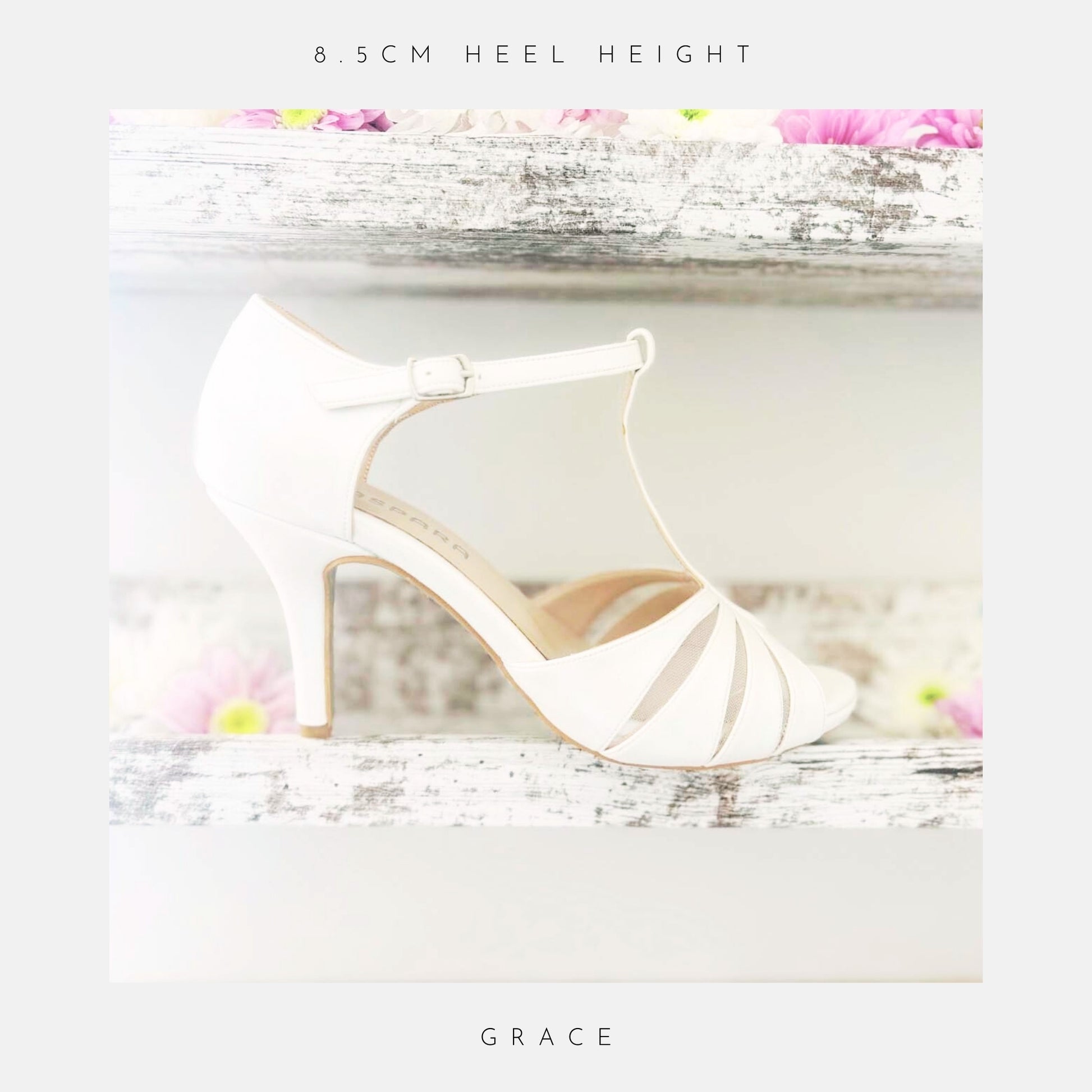 Ivory vintage inspired bridal sandal with a 8.5cm heel height on a light background