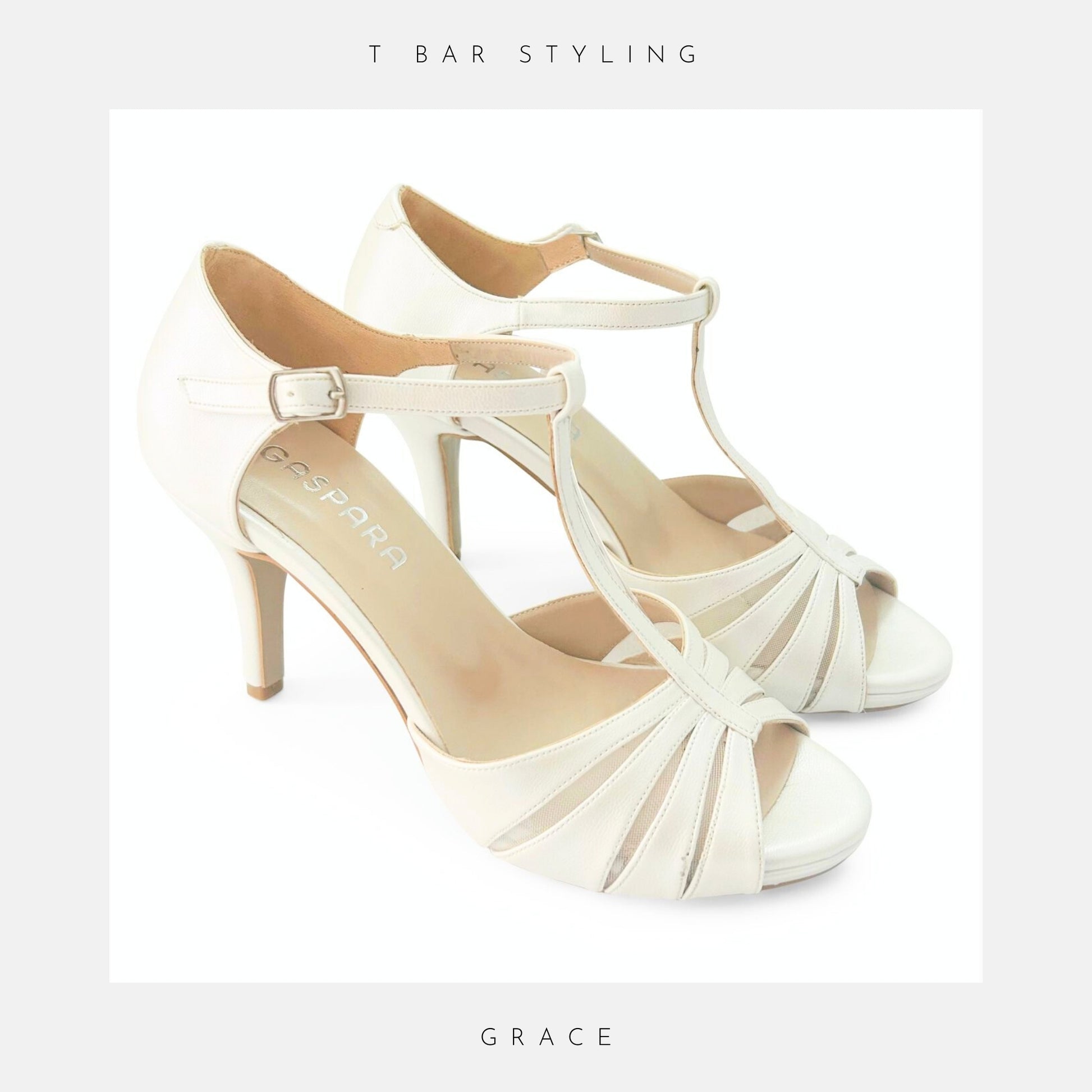 A pair of ivory bridal shoes with vintage styling to the front. Text reads T Bar Frontage