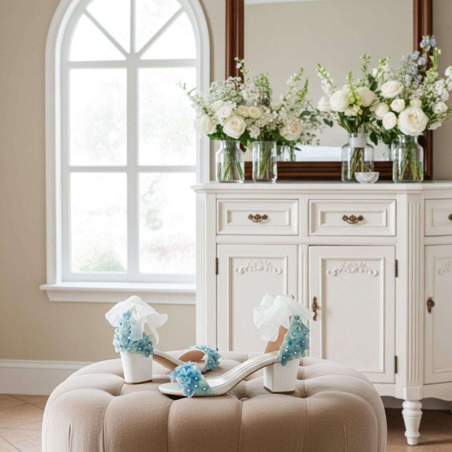 Ivory wedding  shoes with blue decorations on a beige ottoman in a room with white cabinets and flowers.