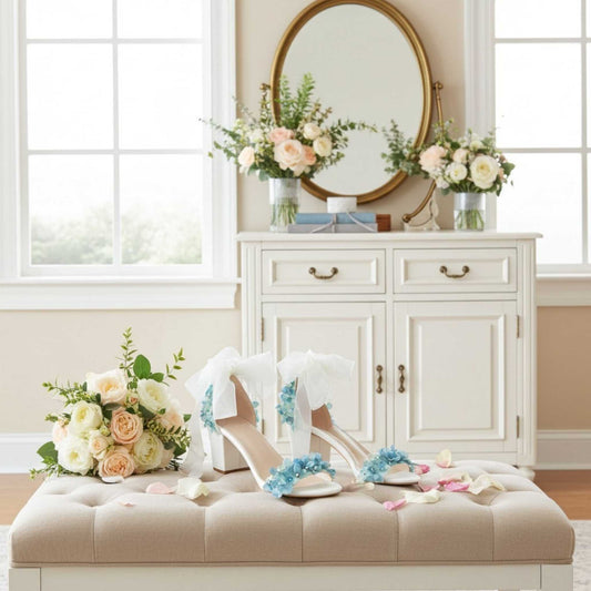 Blue floral open toe bridal shoes with low block heel, peach and cream bridal bouquet and sideboard with floral arrangements.