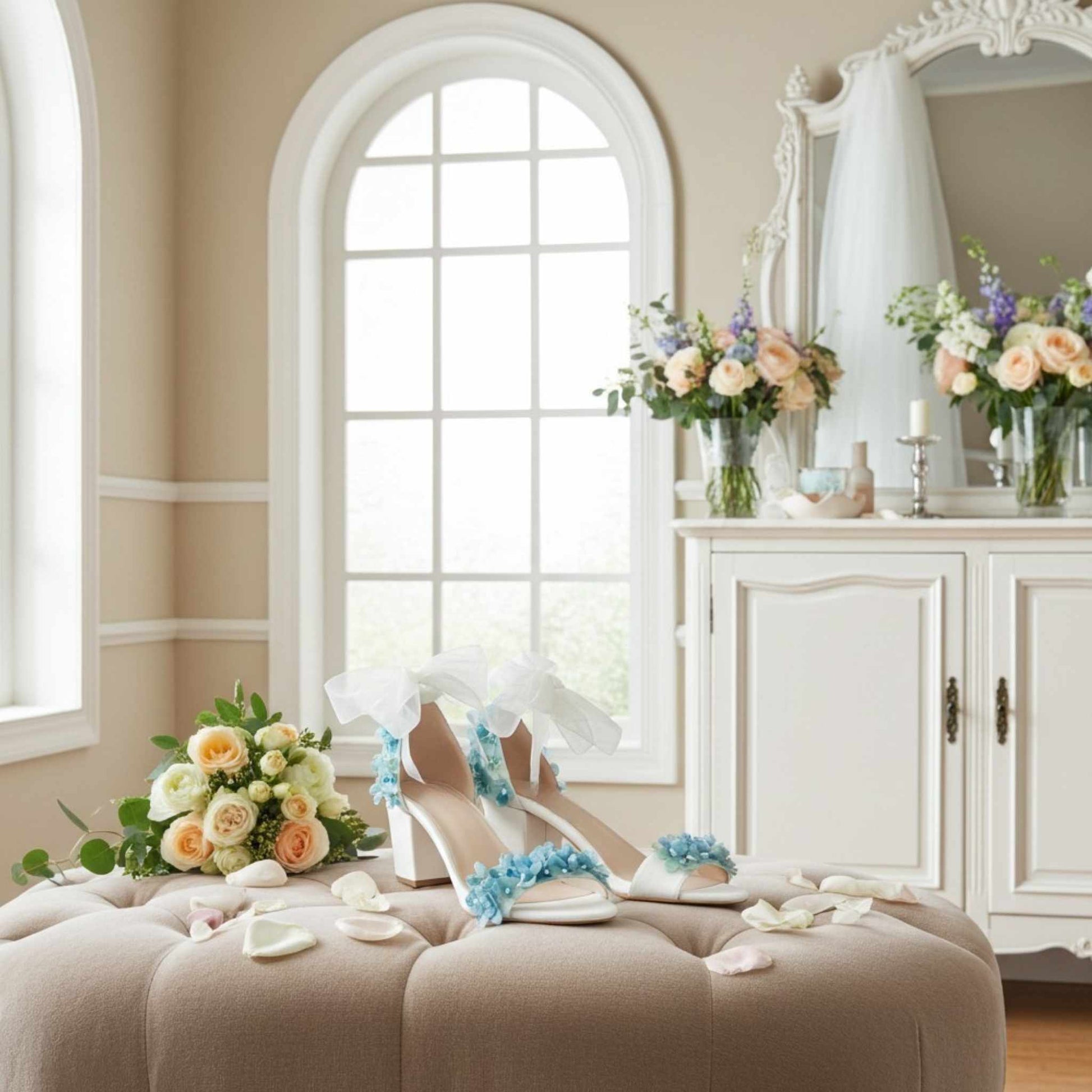 Bridal shoes with floral decorations on a round stool in a decorated room.