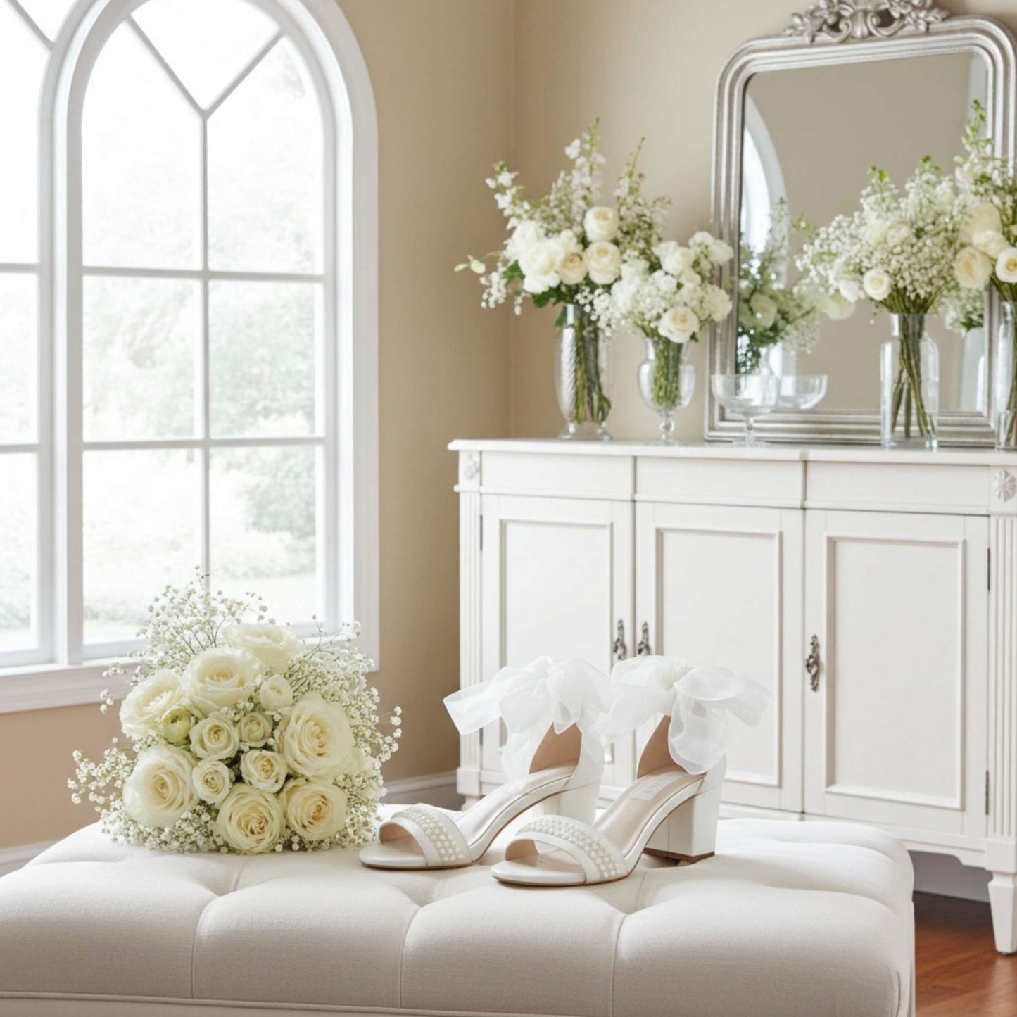 Ivory pearl wedding shoes and bouquet on a white ottoman with a mirror and flowers in the background.