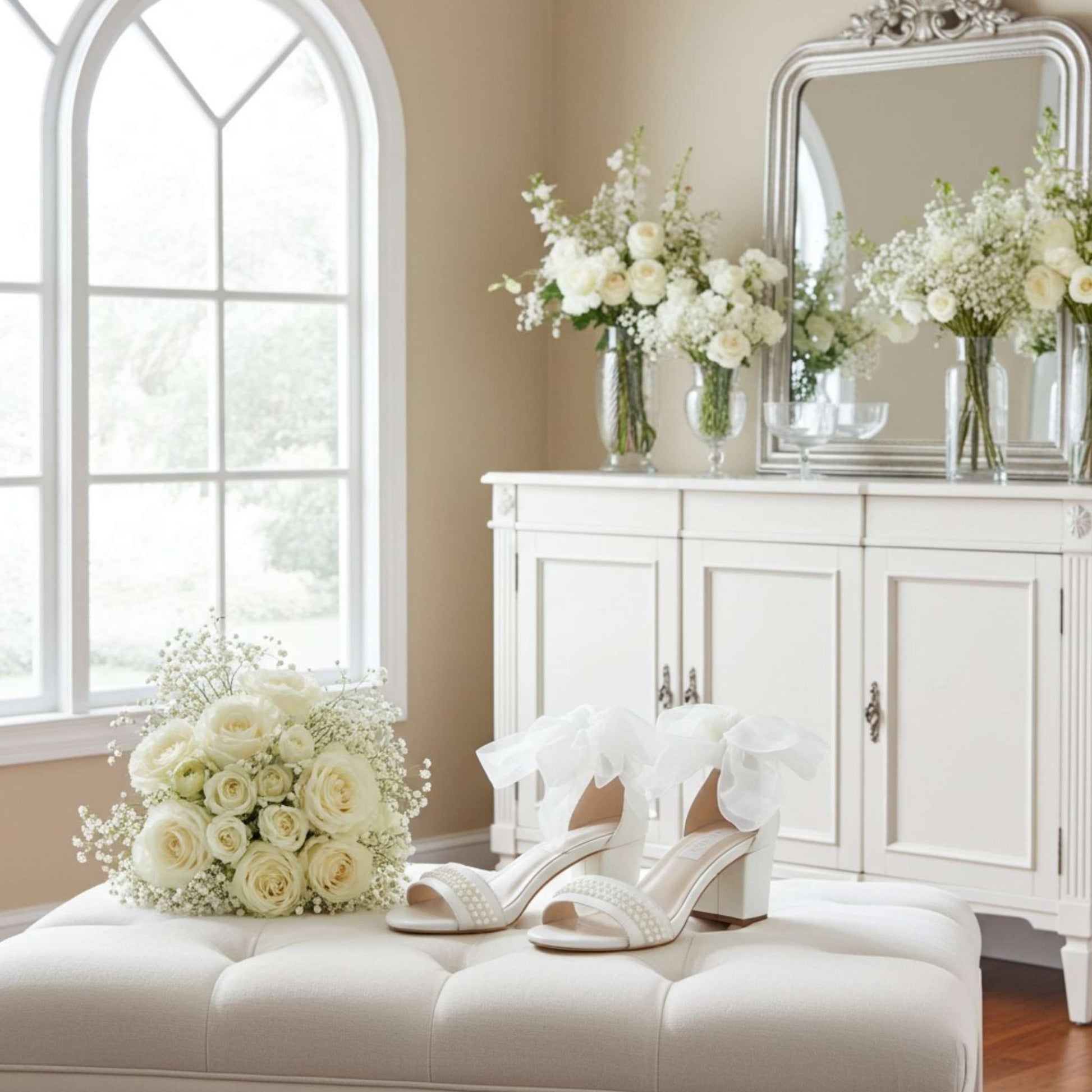 Ivory pearl wedding shoes and bouquet on a white ottoman with a mirror and flowers in the background.