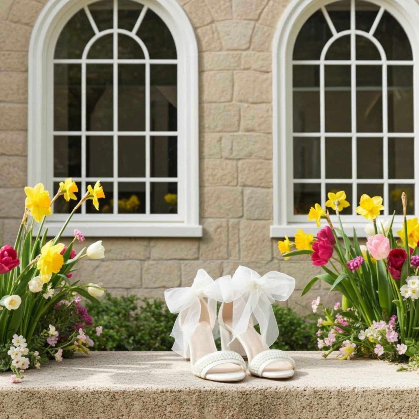 Ivory pearl sandals with ribbons on a ledge with flowers in front of a stone building with arched windows.