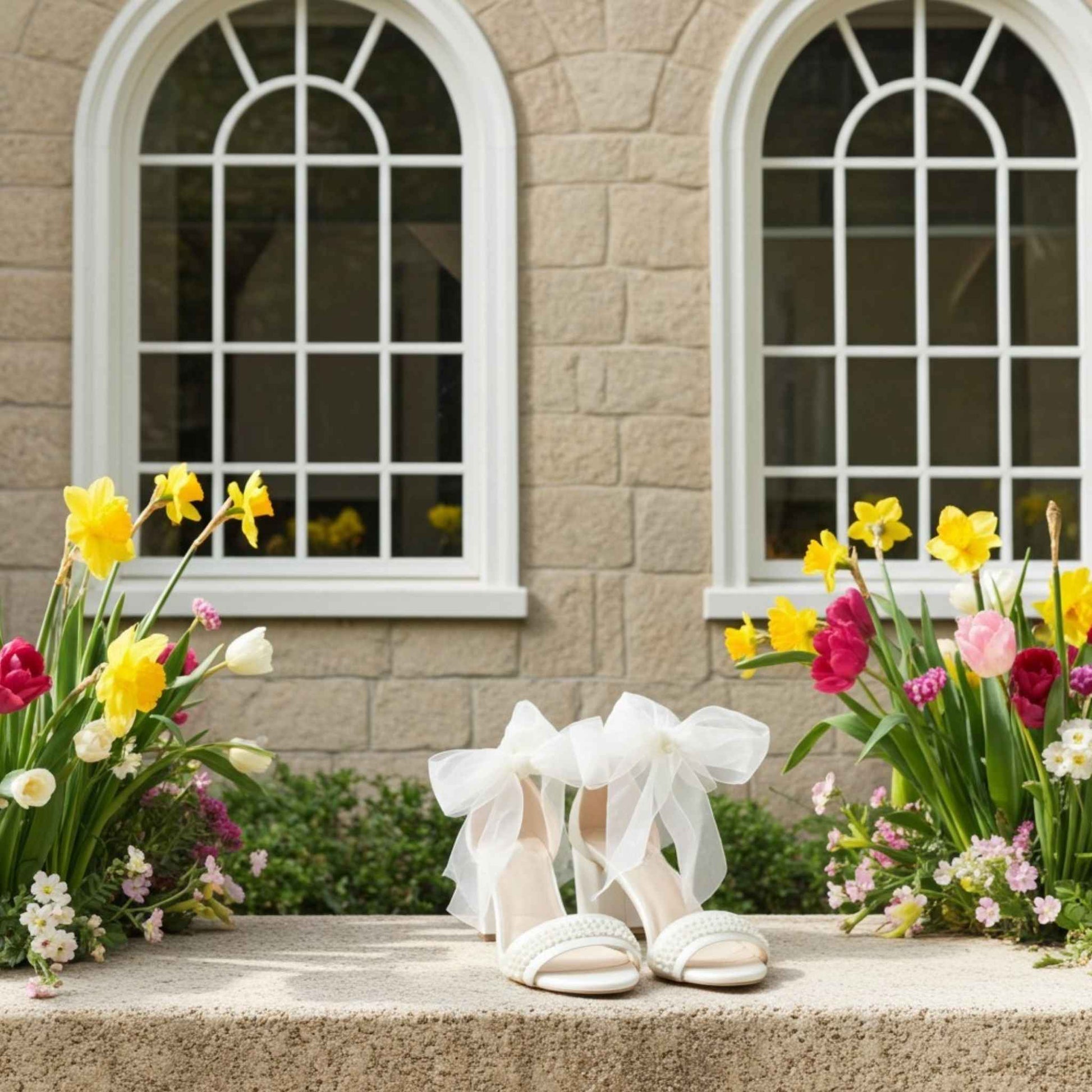 Ivory pearl sandals with ribbons on a ledge with flowers in front of a stone building with arched windows.