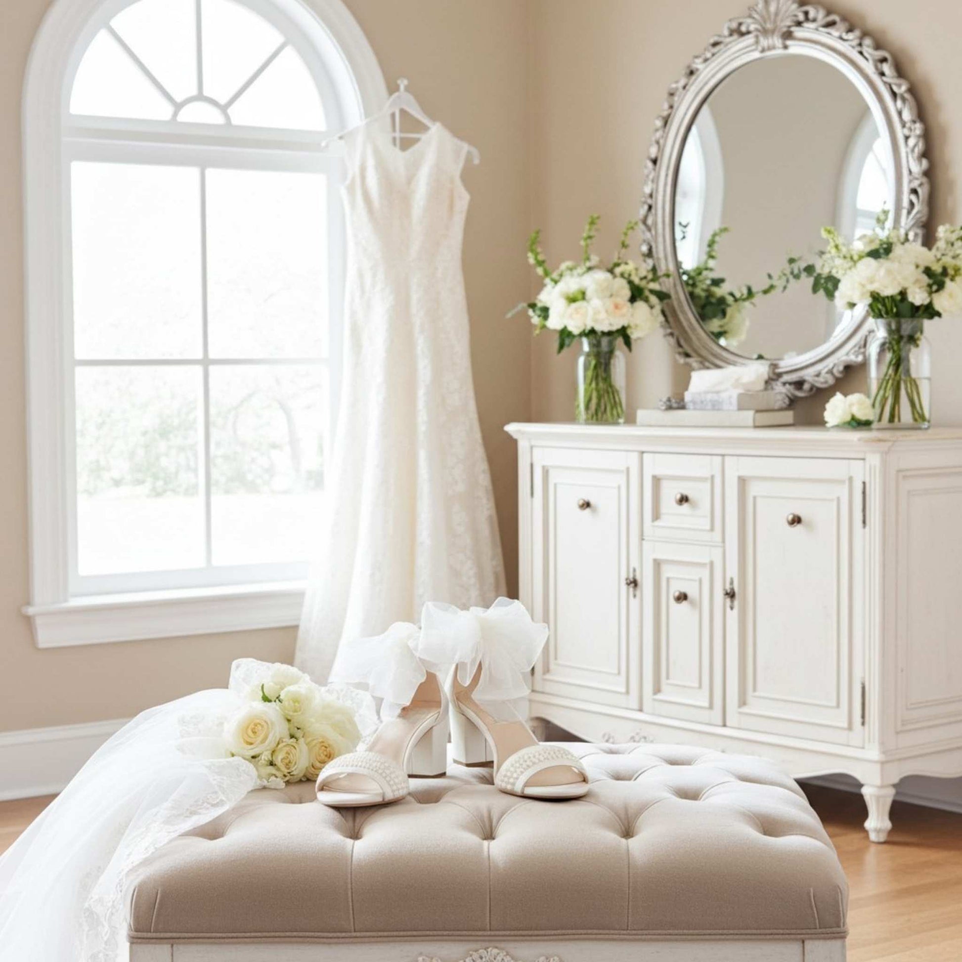 Ivory wedding dress hung up next to an arched window with pearl bridal shoes and flowers on a bench in a room with a mirror and dresser.