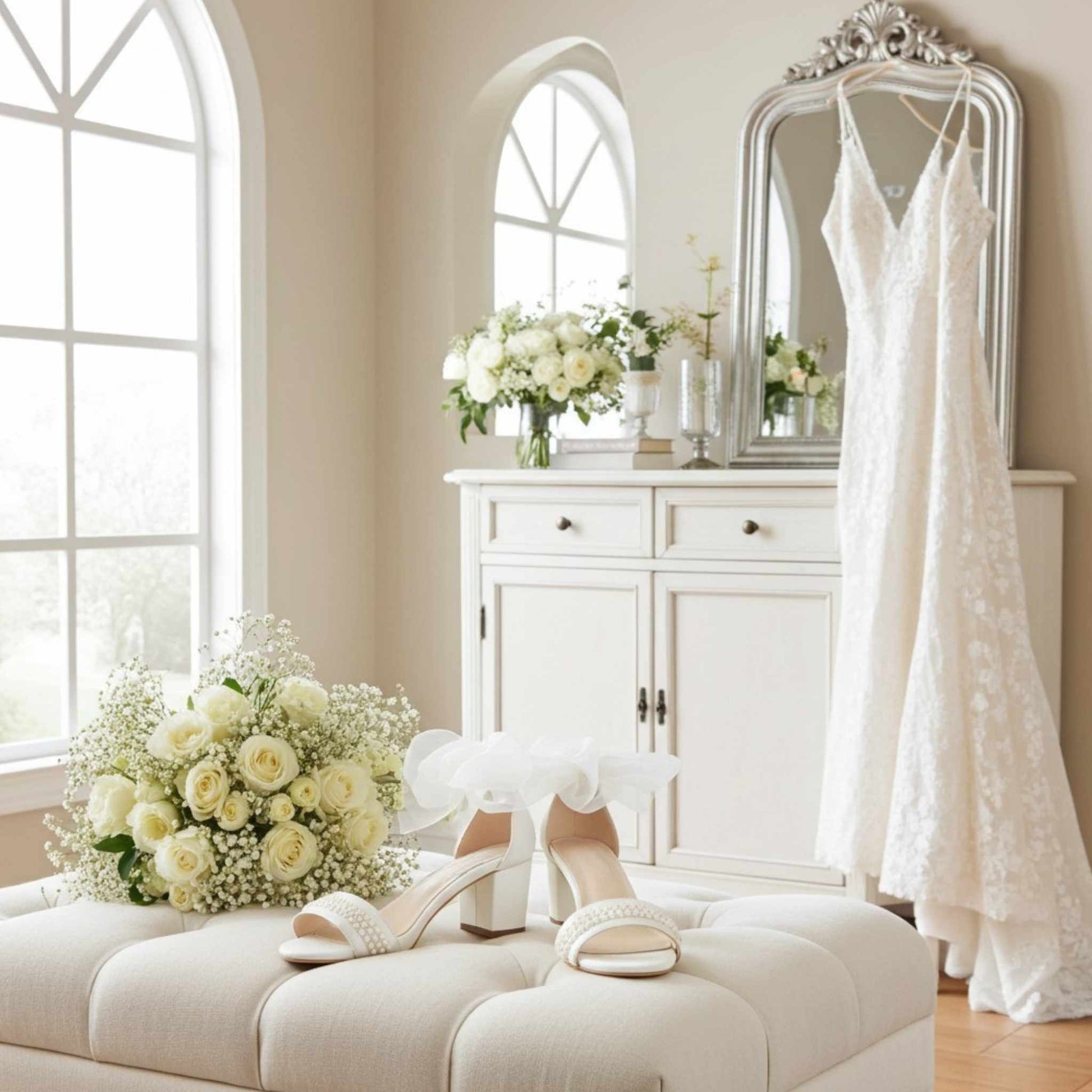 Wedding dress hanging on a mirror in a room with flowers and pearl wedding shoes on a bench.
