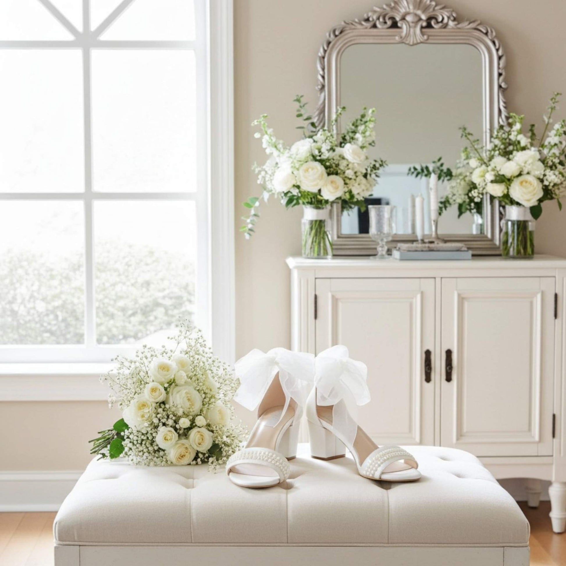 Ivory pearl wedding shoes with ribbons on a white ottoman in a room with flowers and a mirror.