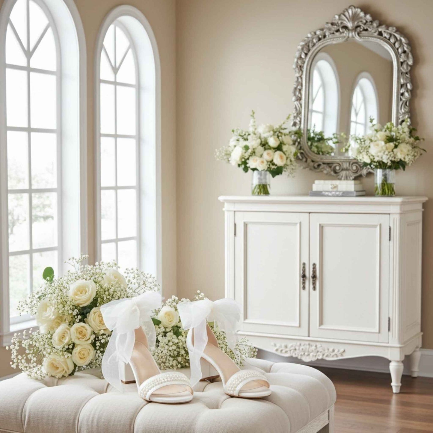Ivory bridal sandals on a ottoman with floral arrangements and a decorative mirror in the background.