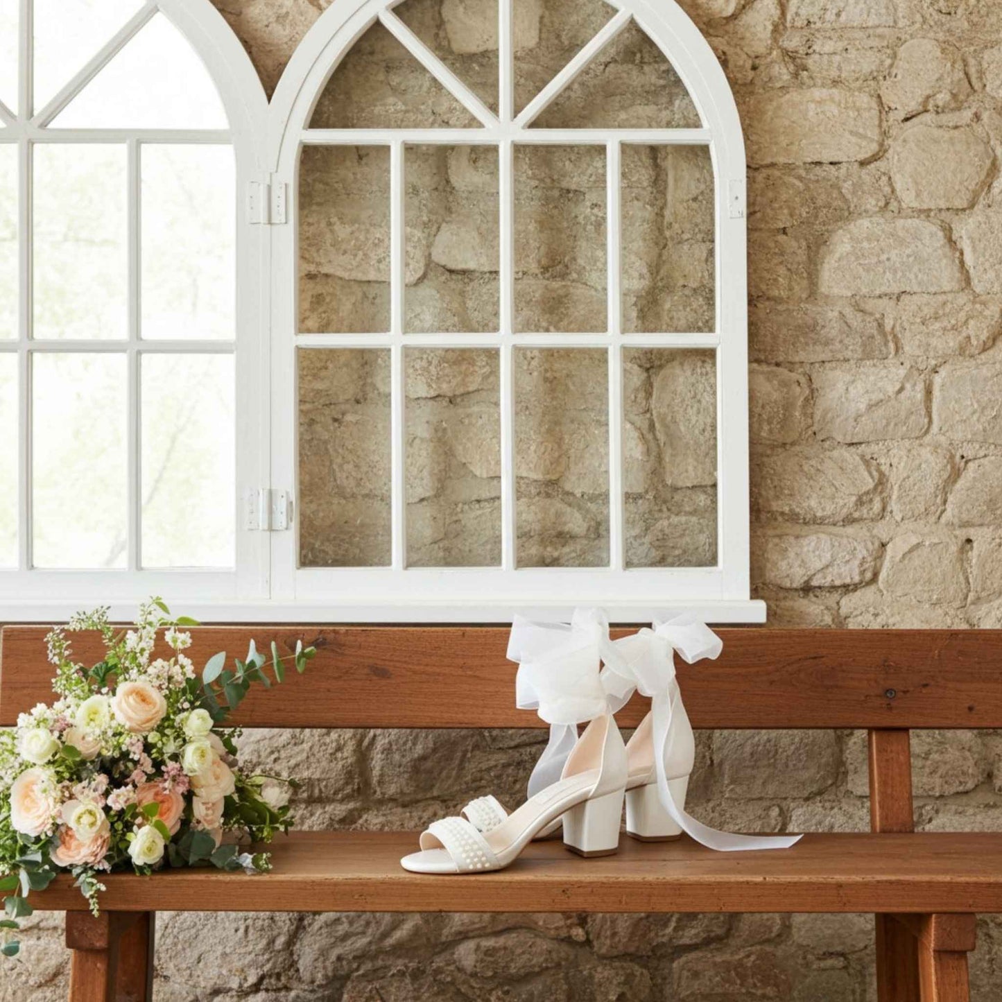 Ivory pearl wedding shoes with ribbons on a wooden bench in front of a stone wall with a large window.