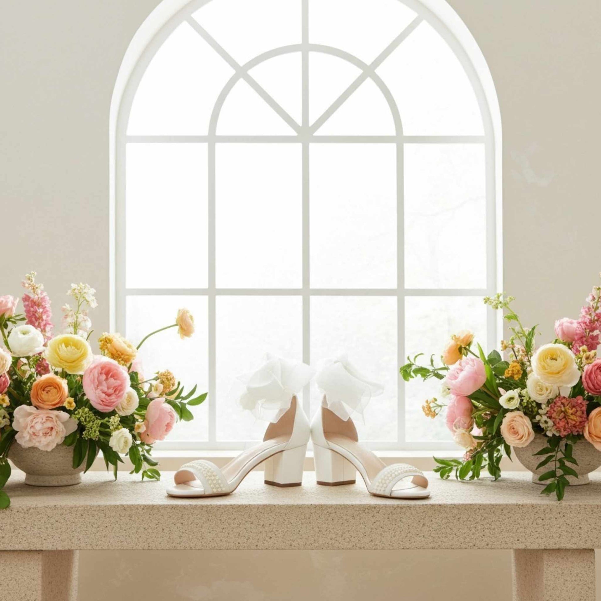 Ivory pearl block heel wedding shoes with ribbons on a table in front of a window with floral arrangements.