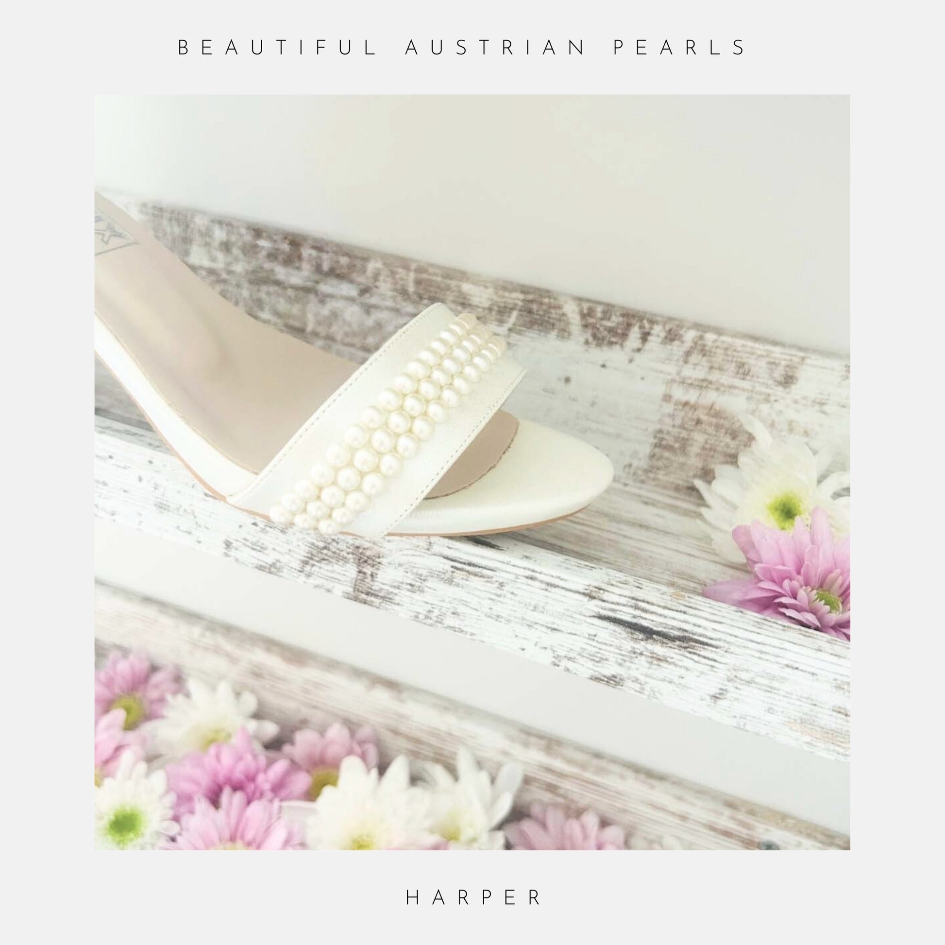 Close up of beautiful pearl detailing on open toe bridal shoes